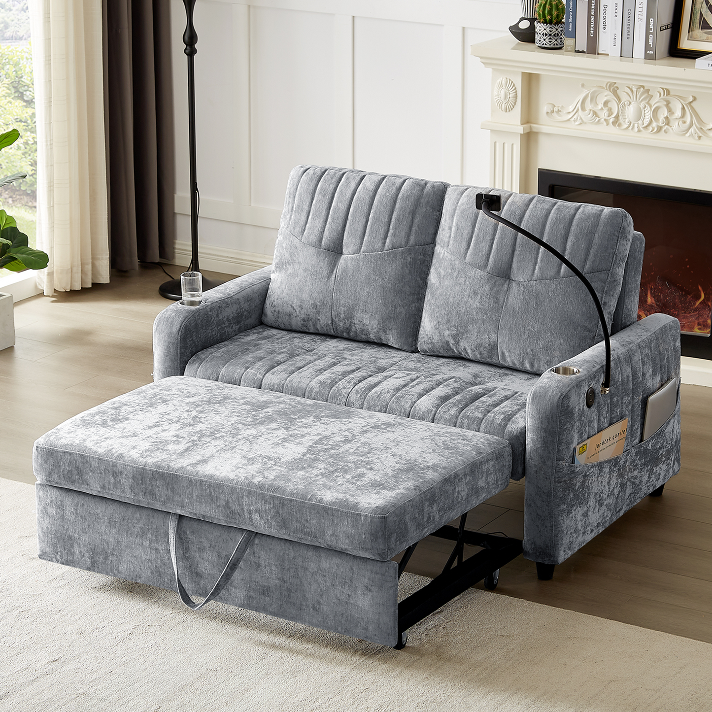 53.9" Modern Loveseat Pull-out Sofa Bed with Adjustable Backrest, Two Cup Holders , a Phone Holder, Three Charging Ports and Side Storage Pockets for Living Room, Grey