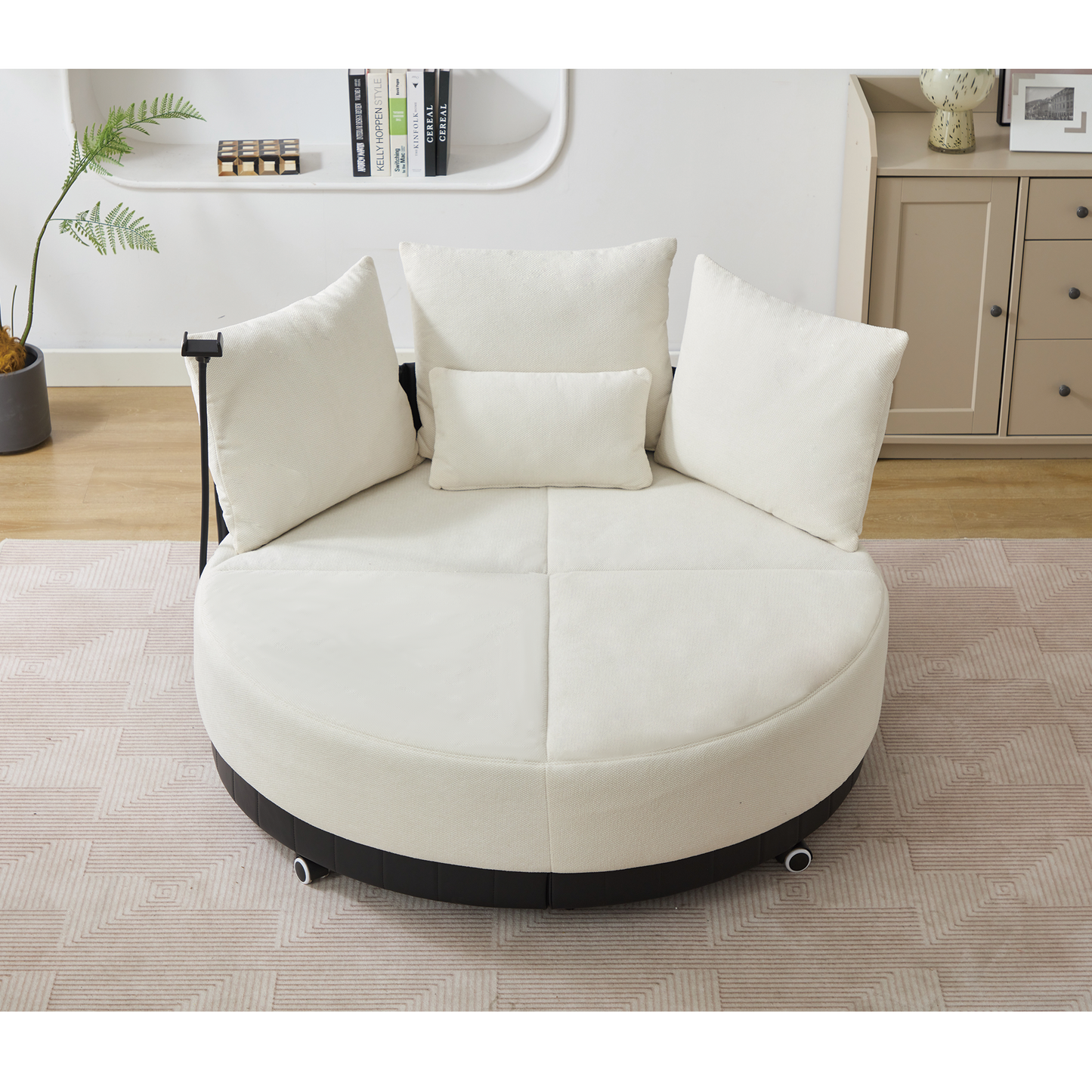 [NEW ARRIVED] [VIDEO PROVIDED]52.75'' Oversized Round Swivel  Chair,360° Swivel Chair, Couples chair,Adjustable phone stand,Swivel Chair,Rotating pulley,Polyester(Anti-Wrinkle),Beige