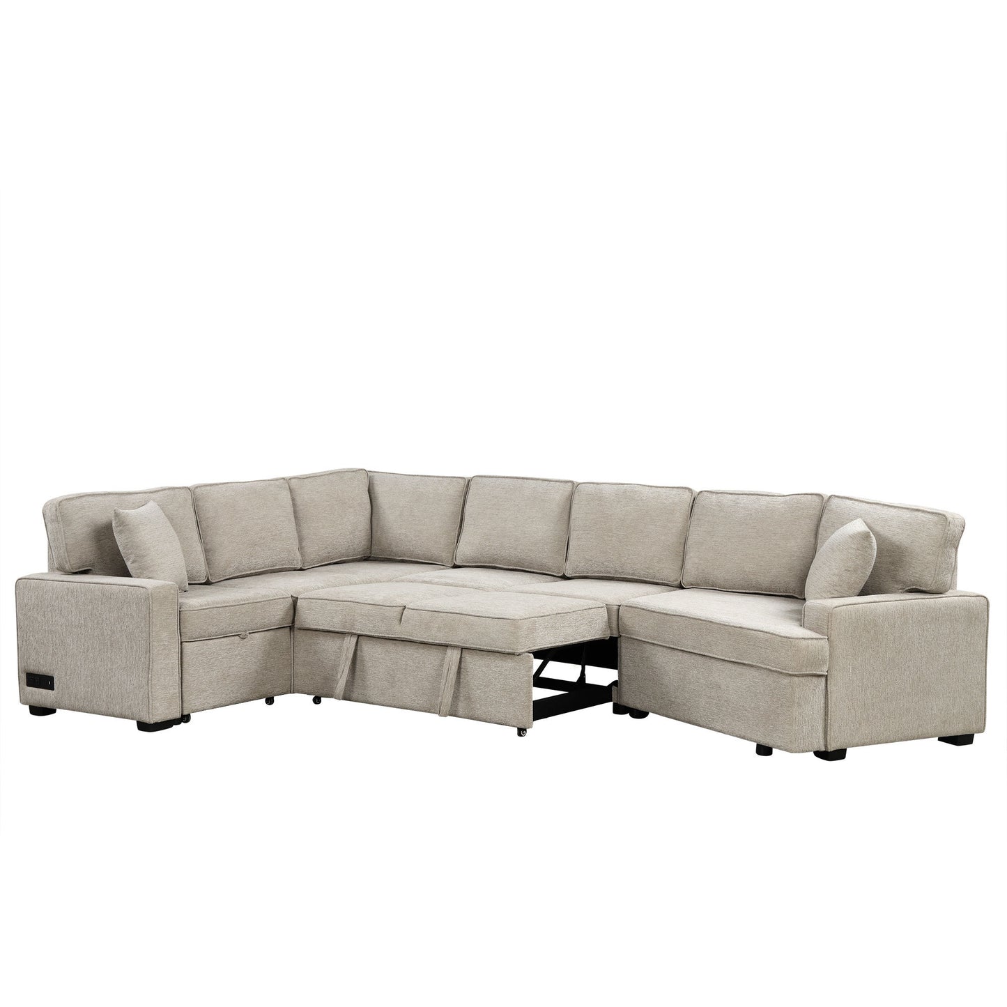 126" L-shaped Sofa Sectional Sofa Couch Pull-out Sofa Bed with Charging Devices and Cup Holders for Living Room, Beige