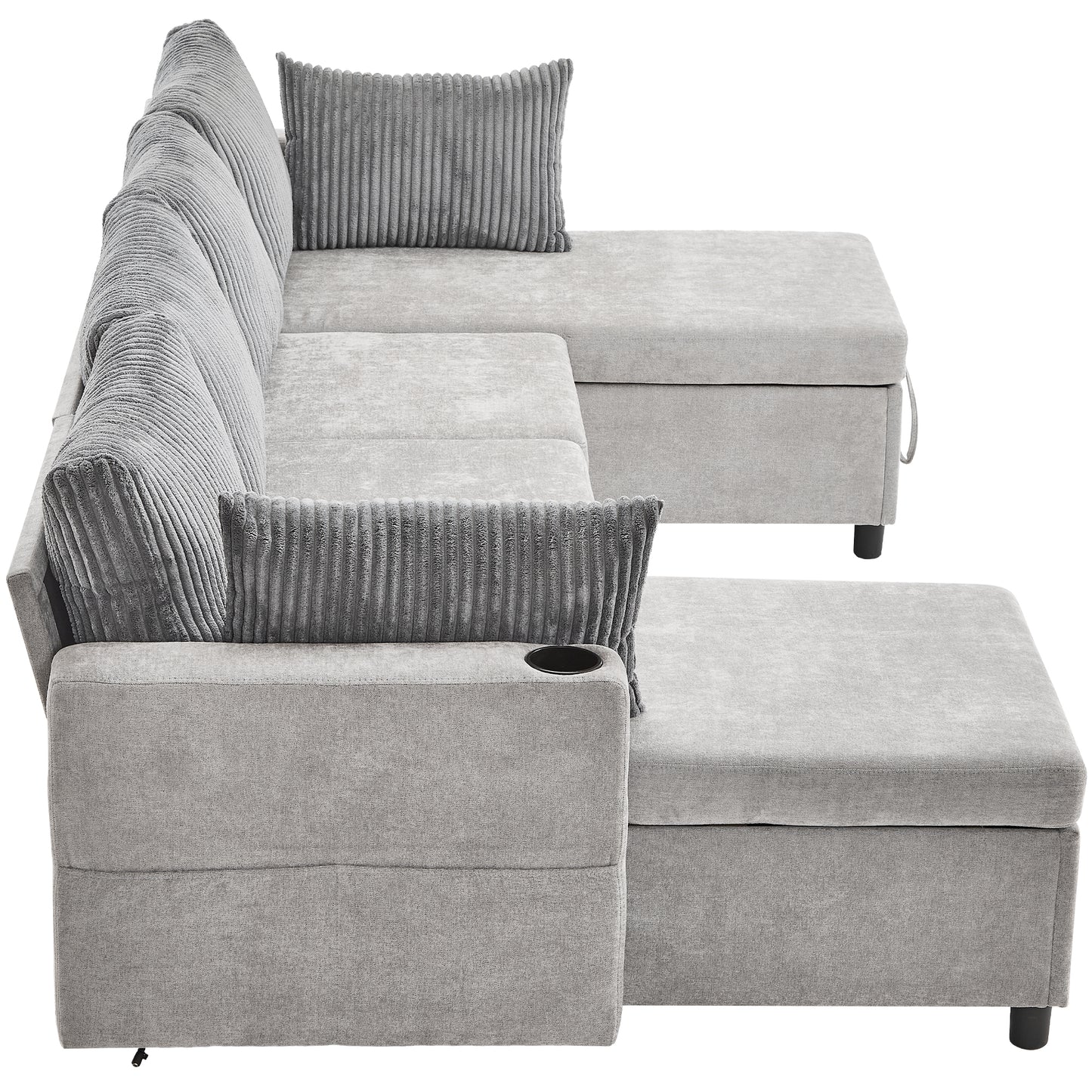 111.8" Sectional Sofa Pull-out Sofa Bed Versatile Sofa Sleeper with Large Storage Space, Two USB Ports and Two Cup Holders for Living Room, Grey