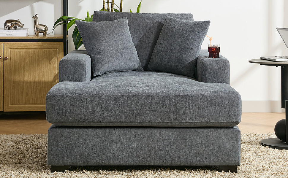 43.5" Oversized Chaise Lounger Modern Style Sofa Couch ,with Pillows, Charge Station & Cup Holders, Chenille Fabric, Blue Gray