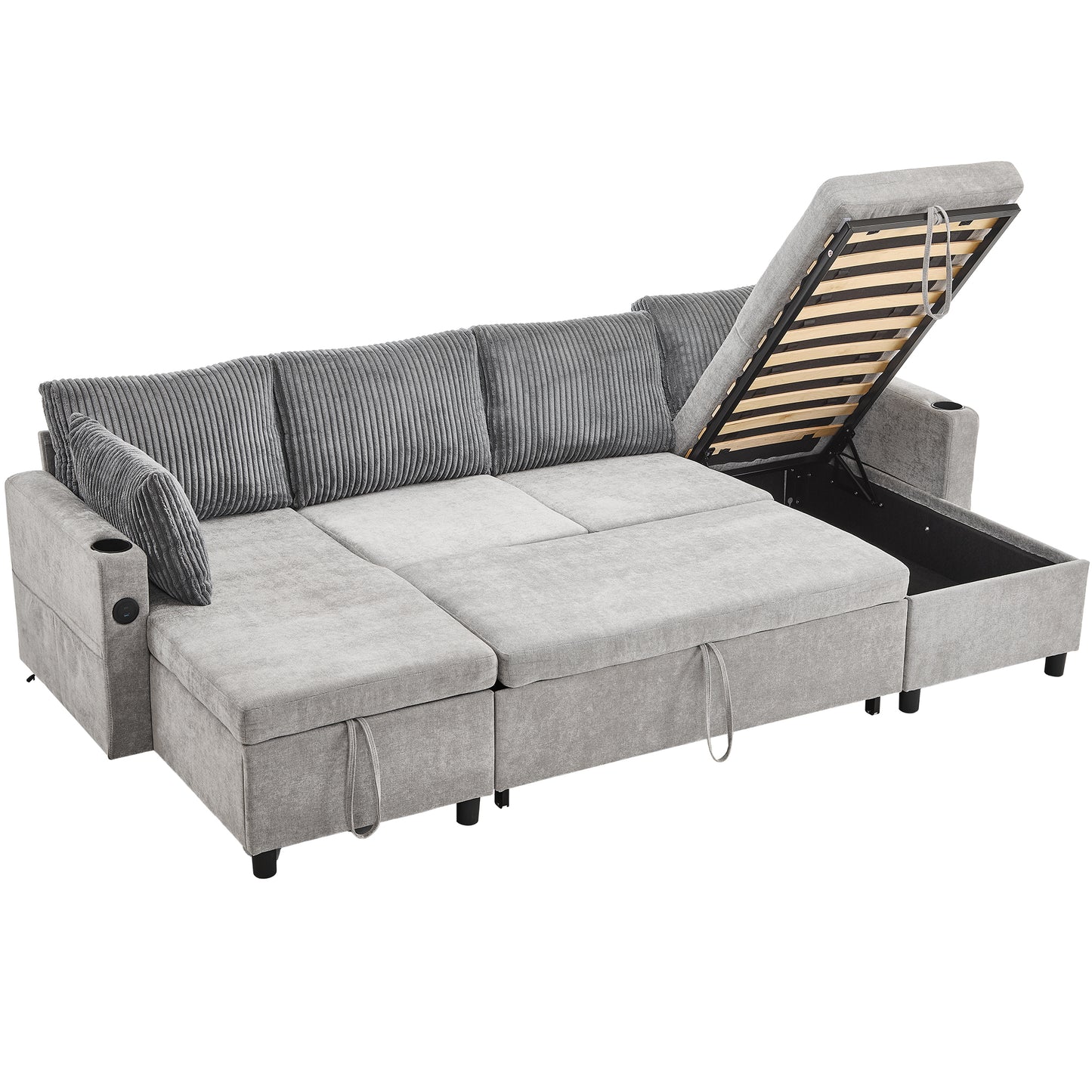 111.8" Sectional Sofa Pull-out Sofa Bed Versatile Sofa Sleeper with Large Storage Space, Two USB Ports and Two Cup Holders for Living Room, Grey