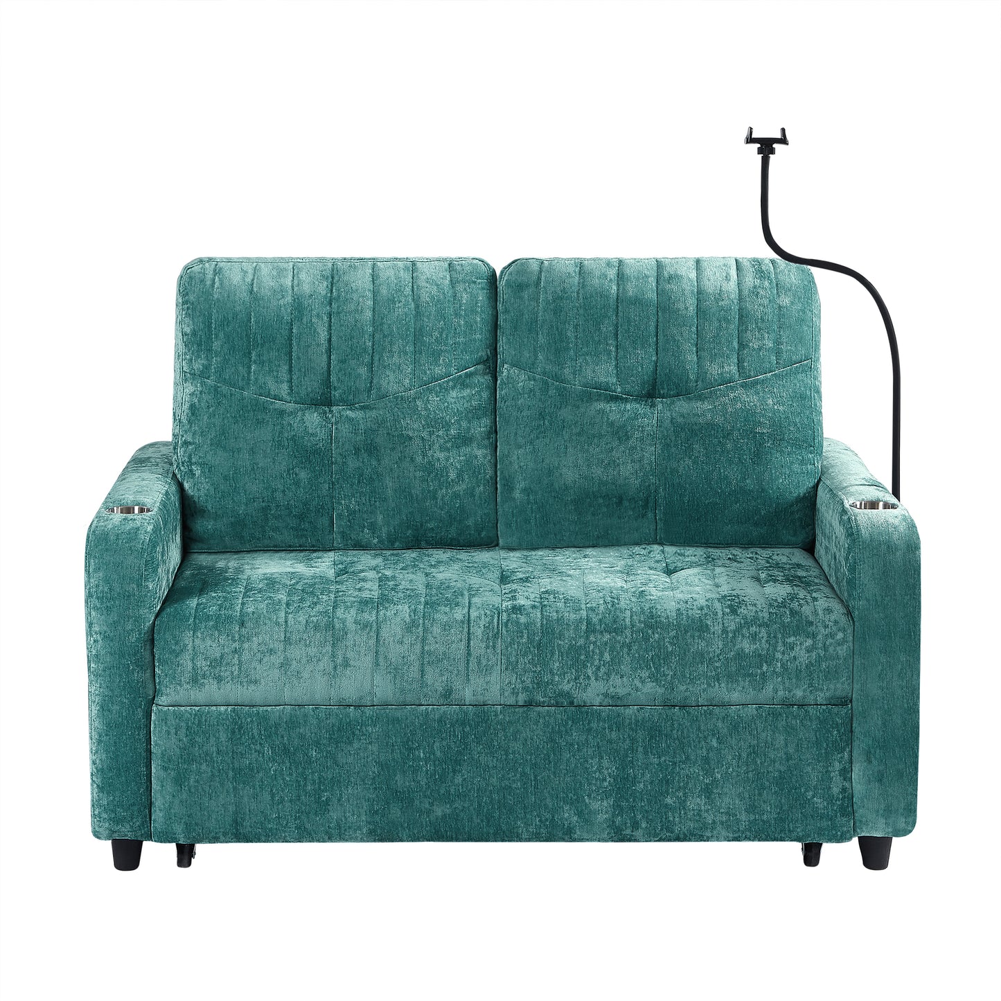 53.9" Modern Loveseat Pull-out Sofa Bed with Adjustable Backrest, Two Cup Holders , a Phone Holder, Three Charging Ports and Side Storage Pockets for Living Room, Teal