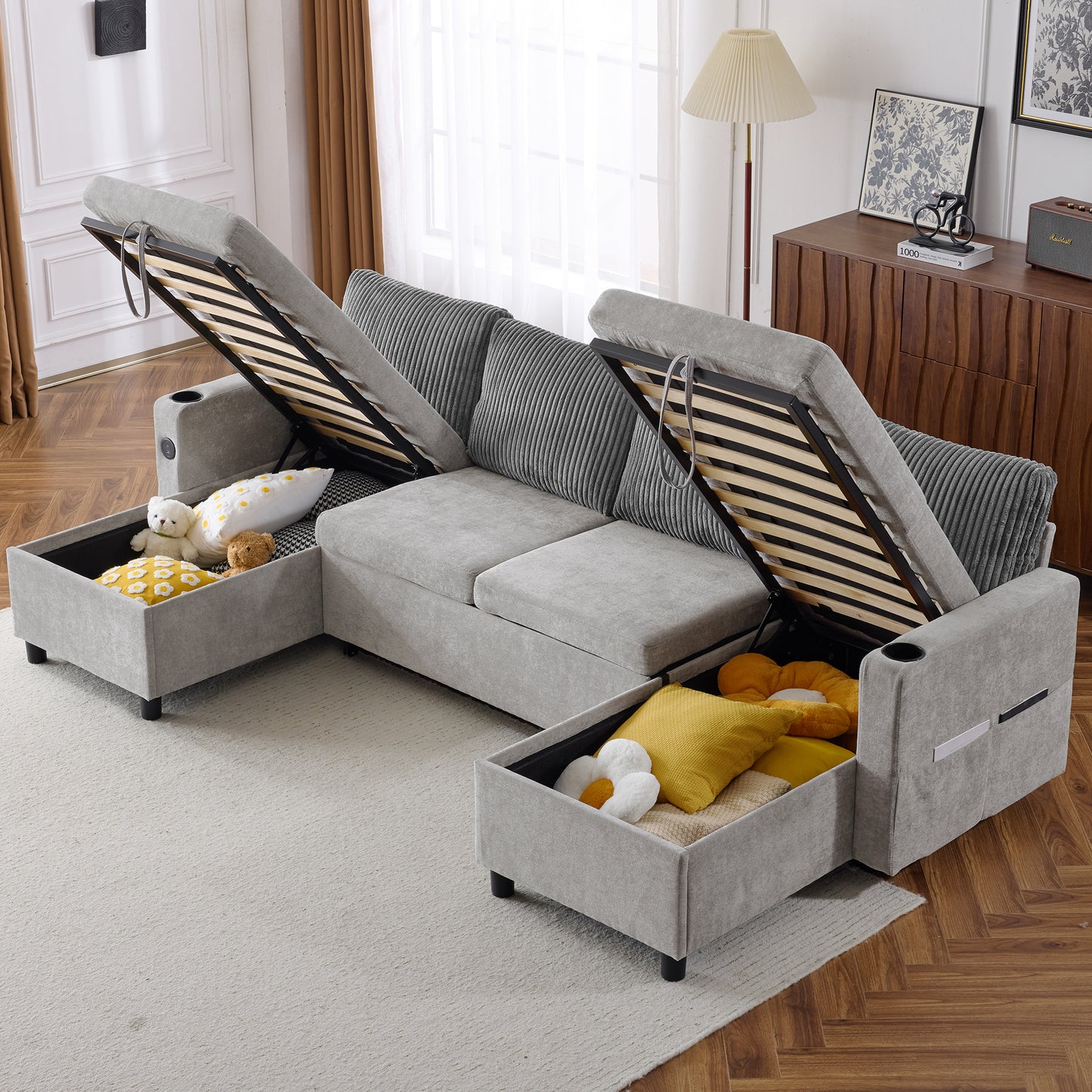 111.8" Sectional Sofa Pull-out Sofa Bed Versatile Sofa Sleeper with Large Storage Space, Two USB Ports and Two Cup Holders for Living Room, Grey