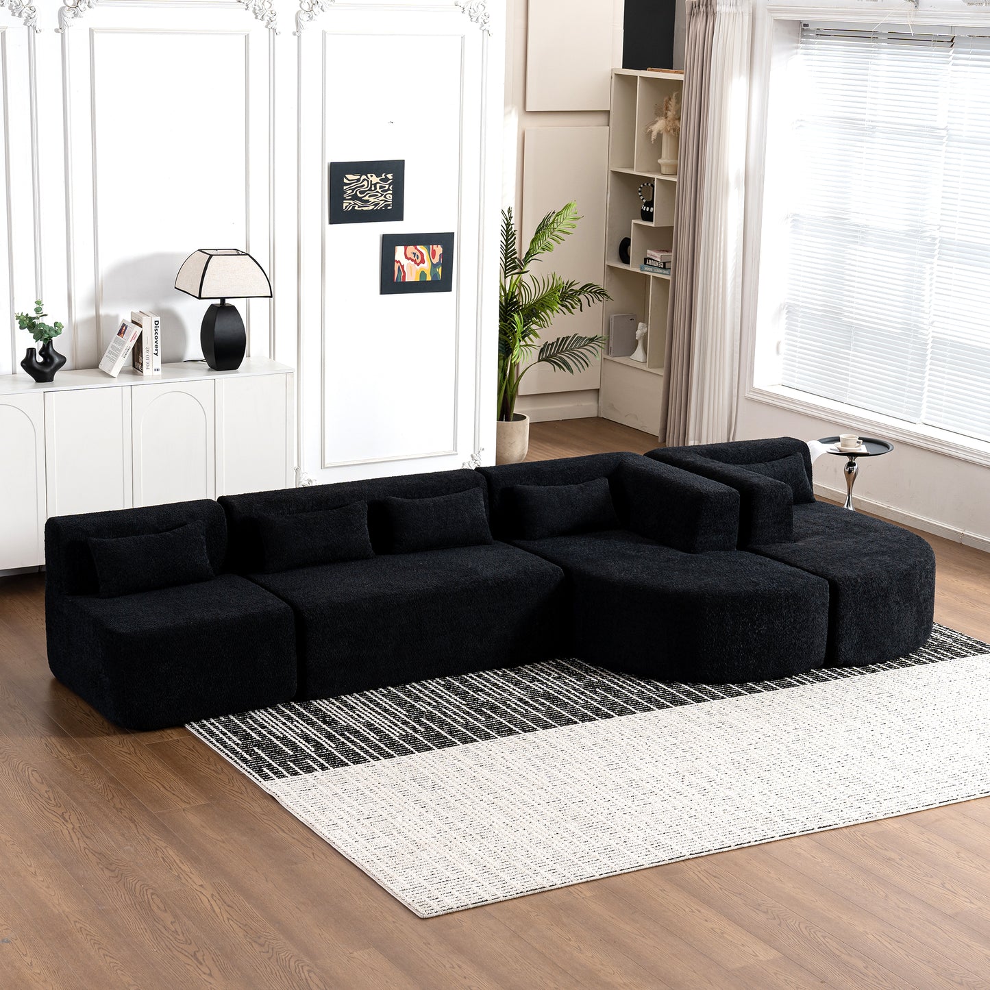 143.7" Upholstered Sofa Free-combined Sofa Couch with Two Chaise Lounge and Five Back Pillows for Living Room, Black