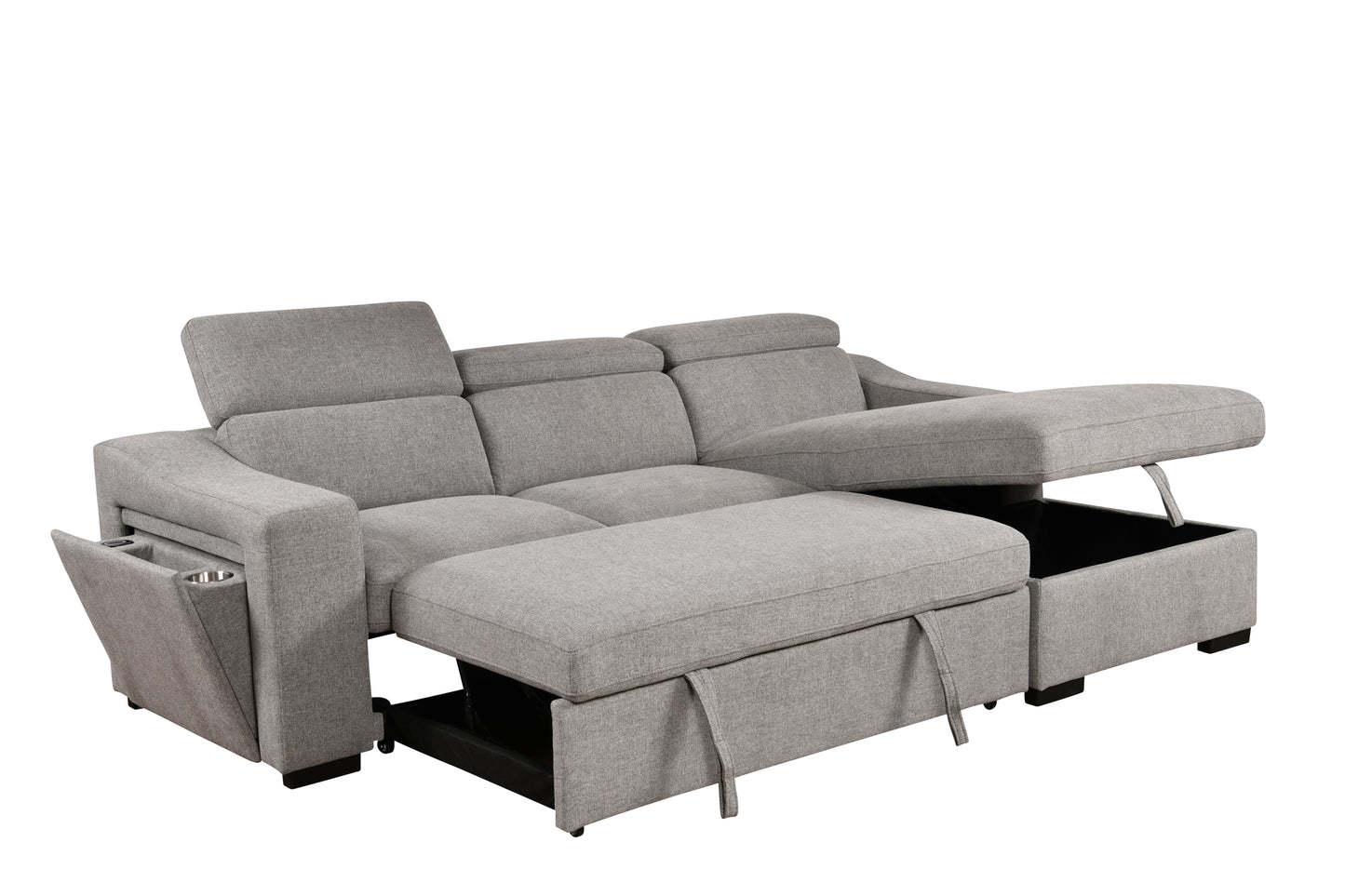 103'' inch Convertible Sectional Sofa with Storage Chaise, Adjustable Headrests, L-shaped Sleeper Corner Sectional Sofa with a Pull-Out Bed ,a USB Charging,and a Cup Holder,Light Gray