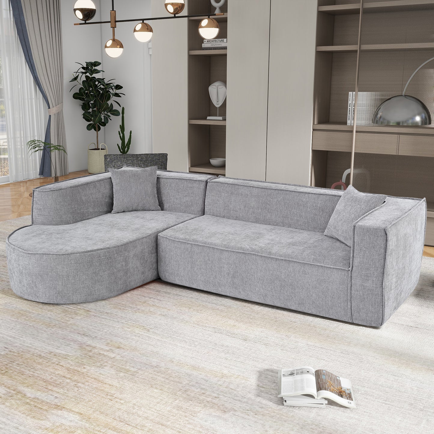 U_Style Modern Style Sectional Sofa,Sponge Sectional Sofa Couch,Modular L-Shape Sofa Couch with Elegant curved design and luxurious chenille fabric,two throw pillows,for Living Room, Study