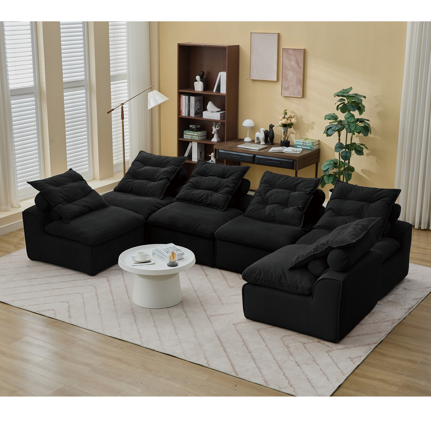 [NEW ARRIVED] [VIDEO PROVIDED]Modular Sofa,No Armrests,At will DIY,Corduroy ,Neck Pillow-Back Lounge Sofa Chair,Reading Nook, or Apartment Living, Lumbar Pillow,6 Seats,Upholstered,Black