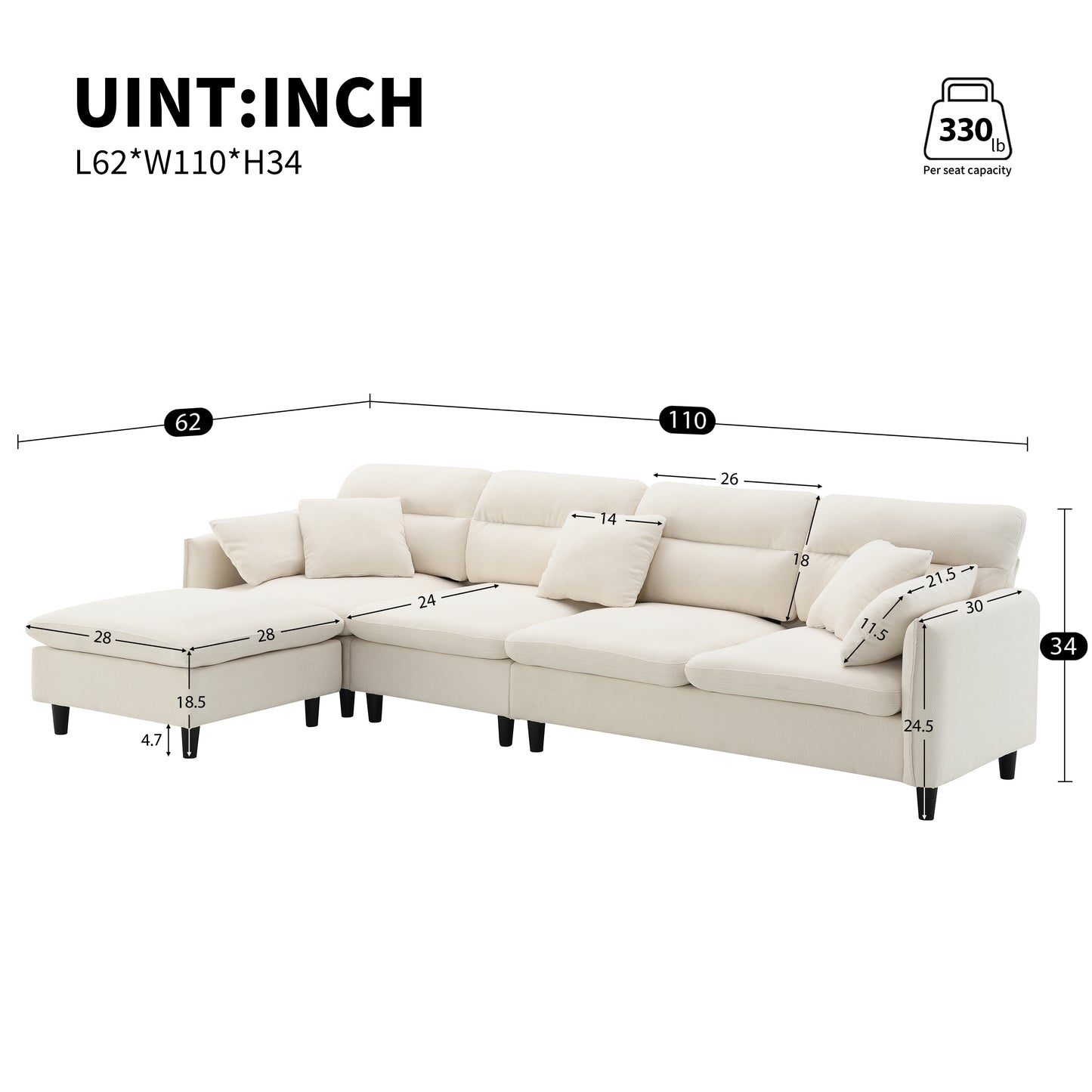 [VIDEO provided][New]110*62" Modern Convertible Sectional Sofa,L-shaped Reversible Couch Set with Free Pillows,5 Seat Cloud Chenille Indoor Furniture with Ottoman for Living Room,Apartment,3 Colors