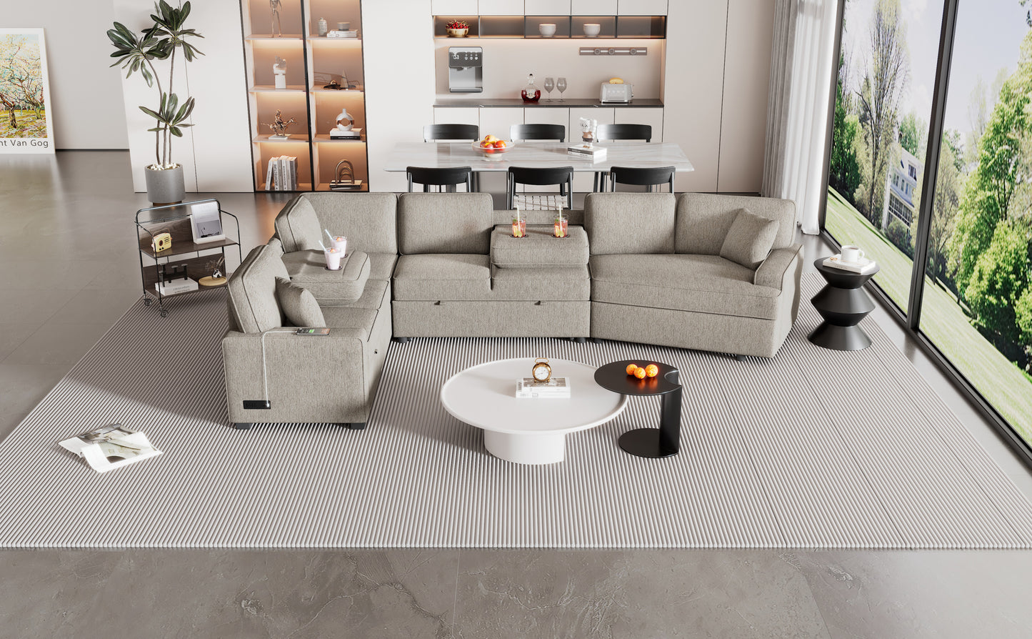 126" L-shaped Sofa Sectional Sofa Couch Pull-out Sofa Bed with Charging Devices and Cup Holders for Living Room, Beige