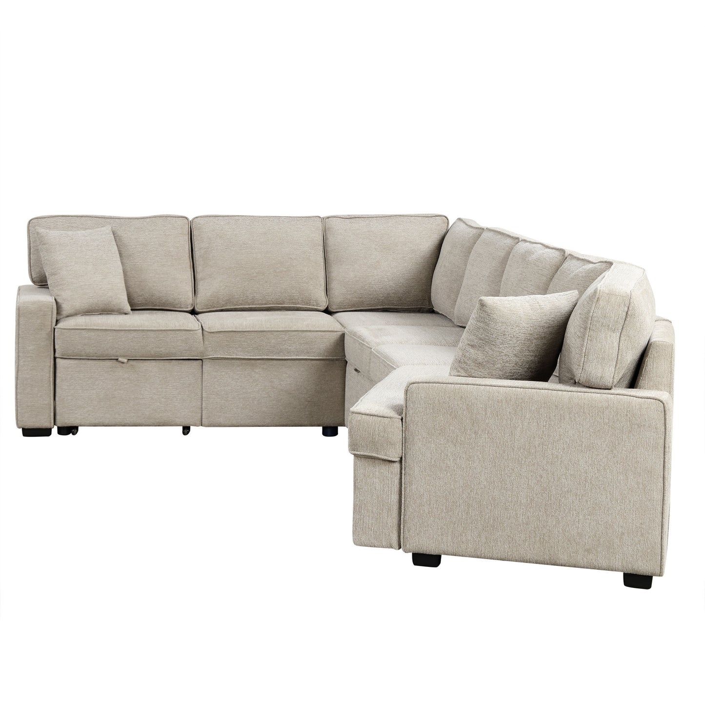 126" L-shaped Sofa Sectional Sofa Couch Pull-out Sofa Bed with Charging Devices and Cup Holders for Living Room, Beige