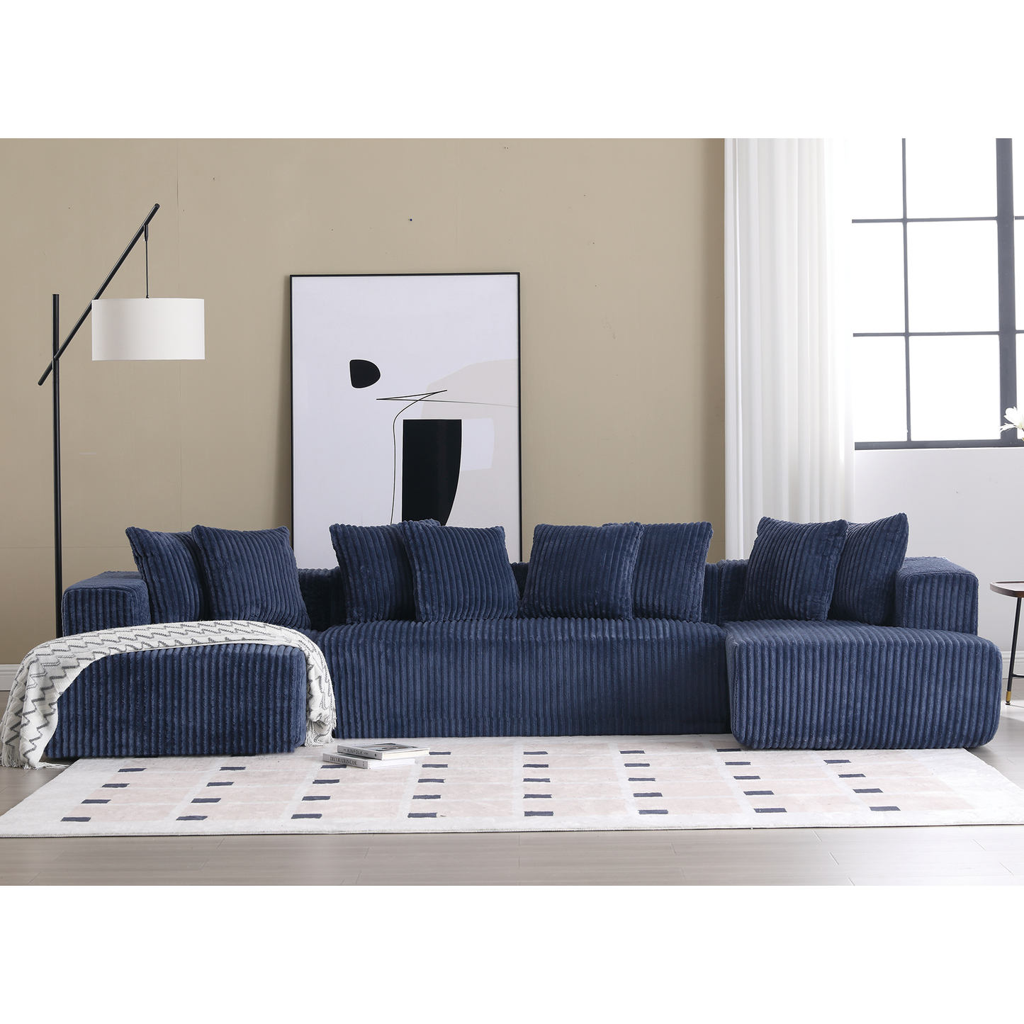 [VIDEO PROVIDED]131'' Modular Sectional Couch, U-shaped sofa , Chaise Lounge, Striped fabric,Upholstered 4 Seater Couch for Living Room, Bedroom, Free Combination Sofa (Corduroy), Blue