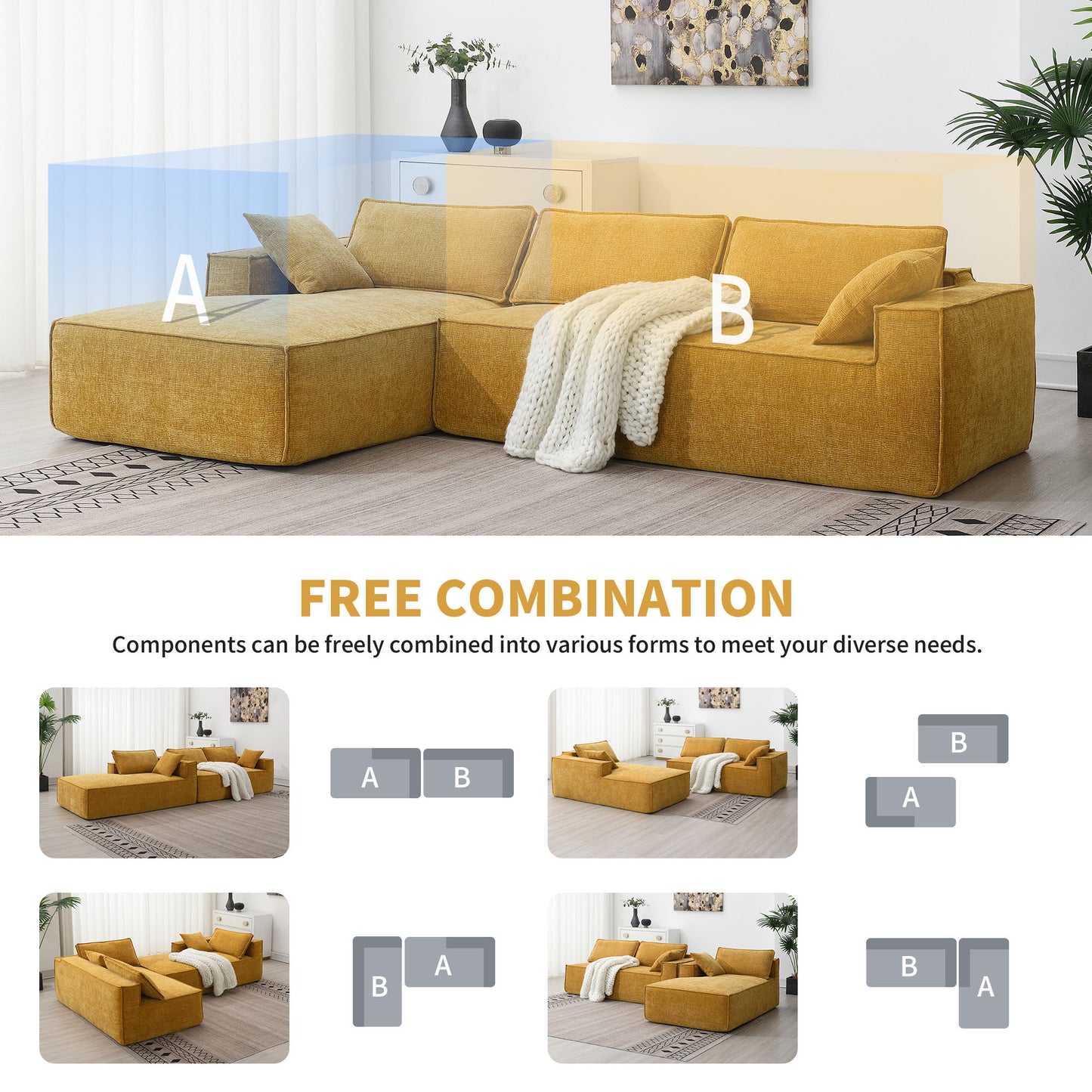 [VIDEO+New] 111.5*72" Minimalist Style Modular Sectional Sofa,Wrinkle-resistant Chenille Couch Set,L-Shaped Compressed Sofa for Living Room,2 PIC Free Combination,No Assembly Require,3 Colors