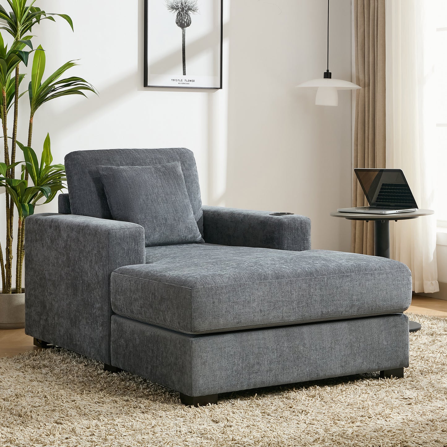 39.7" Oversized Chaise Lounger Modern Style Sofa Couch ,with Pillows, Charge Station & Cup Holders, Chenille Fabric, Blue Gray