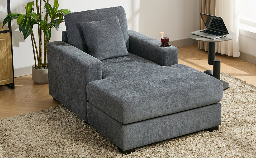 39.7" Oversized Chaise Lounger Modern Style Sofa Couch ,with Pillows, Charge Station & Cup Holders, Chenille Fabric, Blue Gray