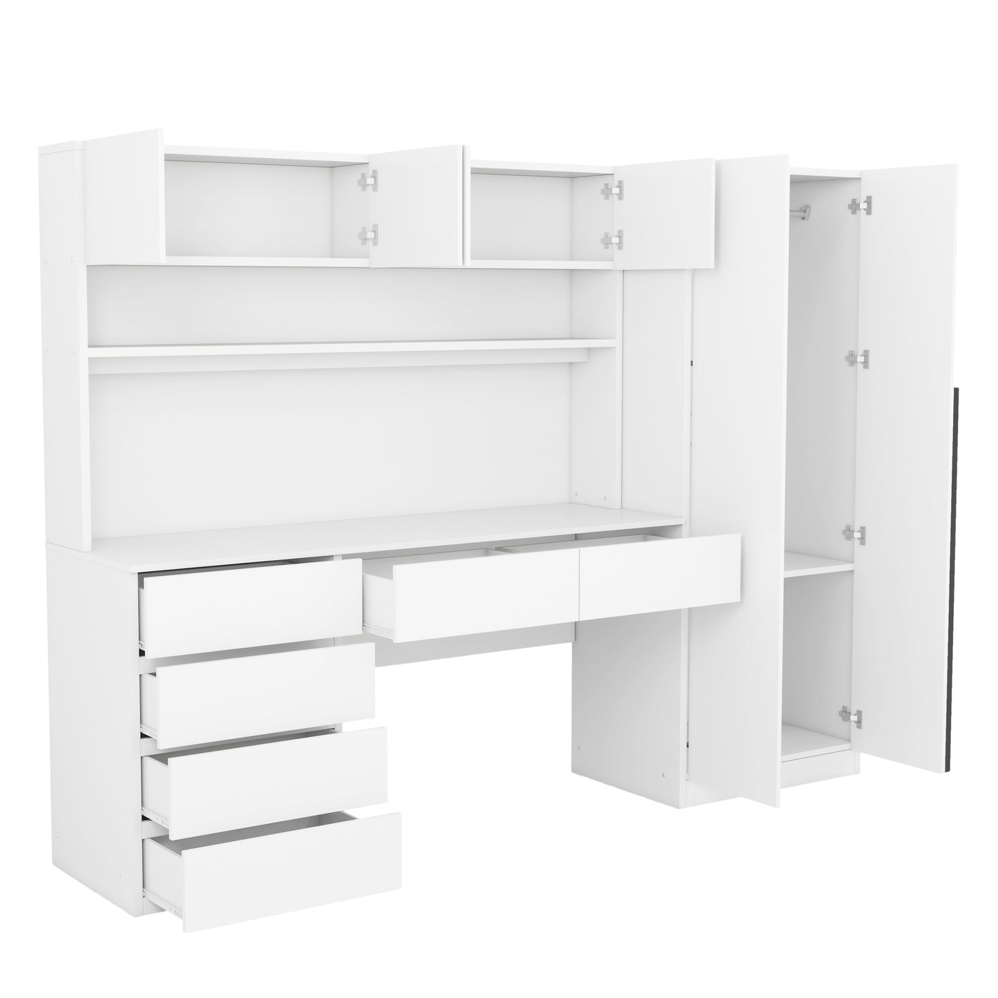 2 Door Wooden Storage Desk Wardrobe for Bedroom with Shelves and Drawers, White