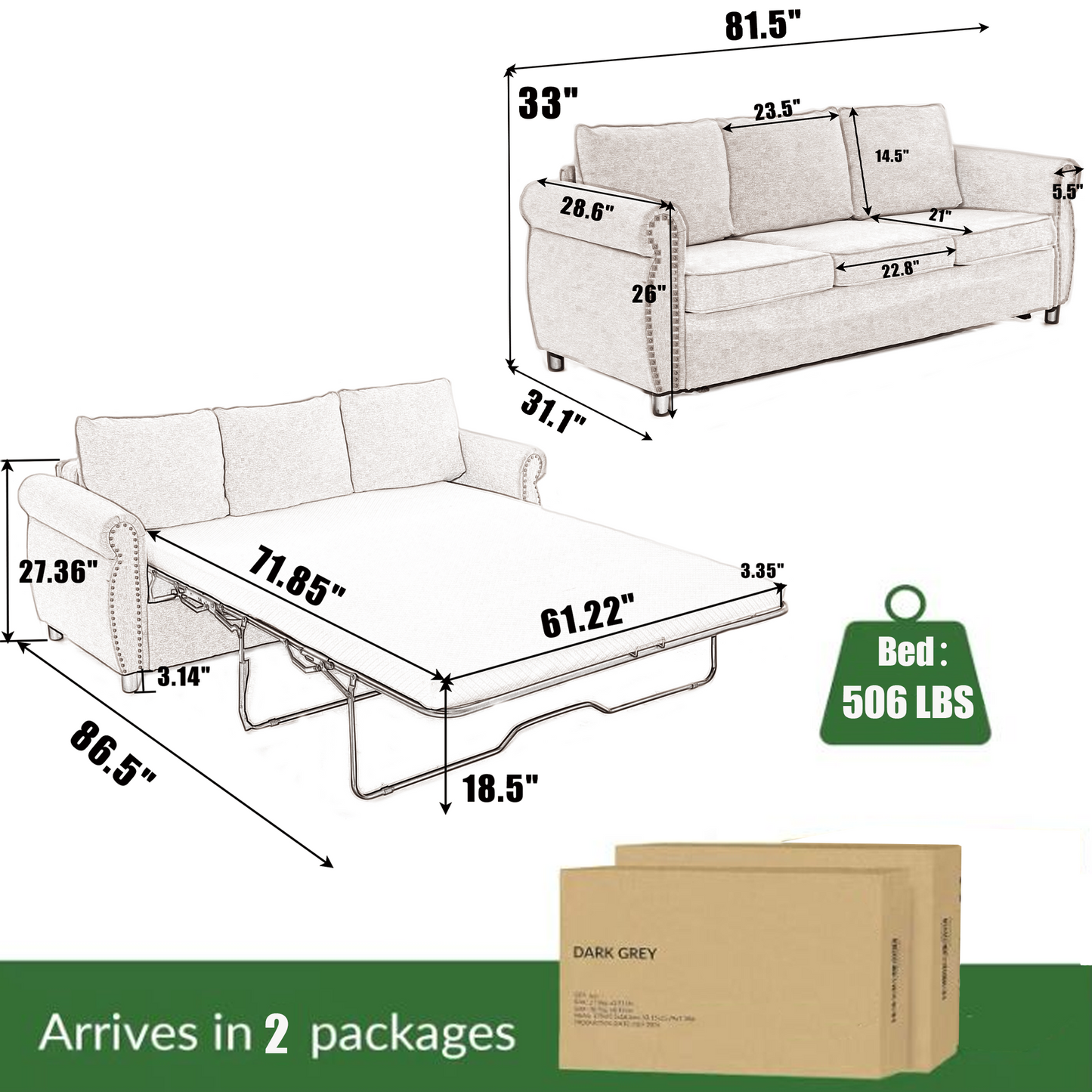 [NEW ARRIVED] [VIDEO PROVIDED] 81.5" 2-in-1 Queen  Convertible Sleeper Sofa Bed,  Pull Out Couch Bed,3 seater sofa bed,with 3.35" Memory Foam Mattress ,Rivet handrail,Living Room, Apartment,  Beige