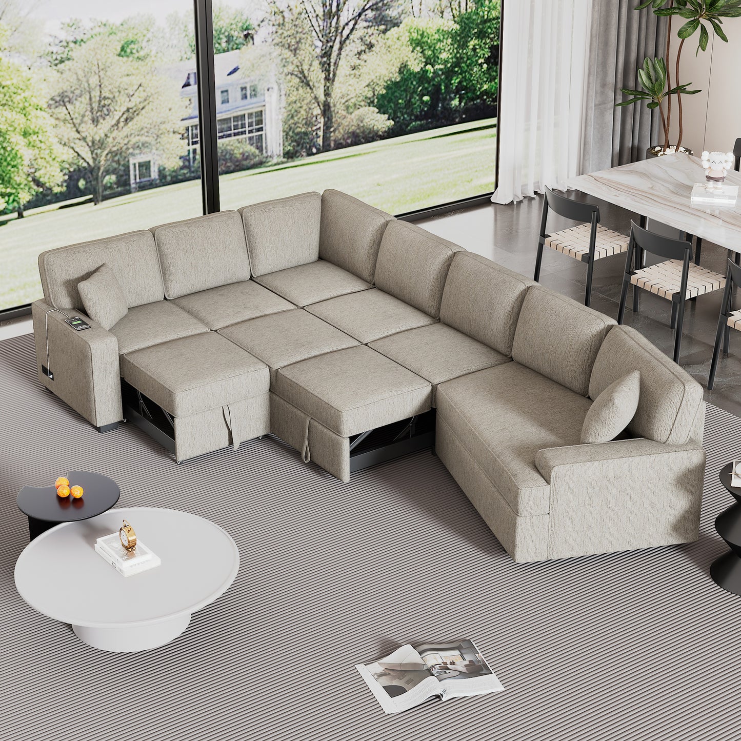 126" L-shaped Sofa Sectional Sofa Couch Pull-out Sofa Bed with Charging Devices and Cup Holders for Living Room, Beige