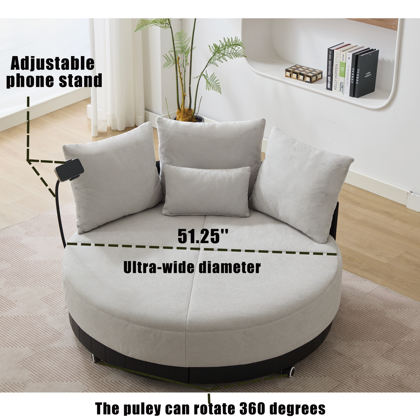 [NEW ARRIVED] [VIDEO PROVIDED]52.75'' Oversized Round Swivel  Chair,360° Swivel Chair, Couples chair,Adjustable phone stand,Swivel Chair,Rotating pulley,Polyester(Anti-Wrinkle),Gray