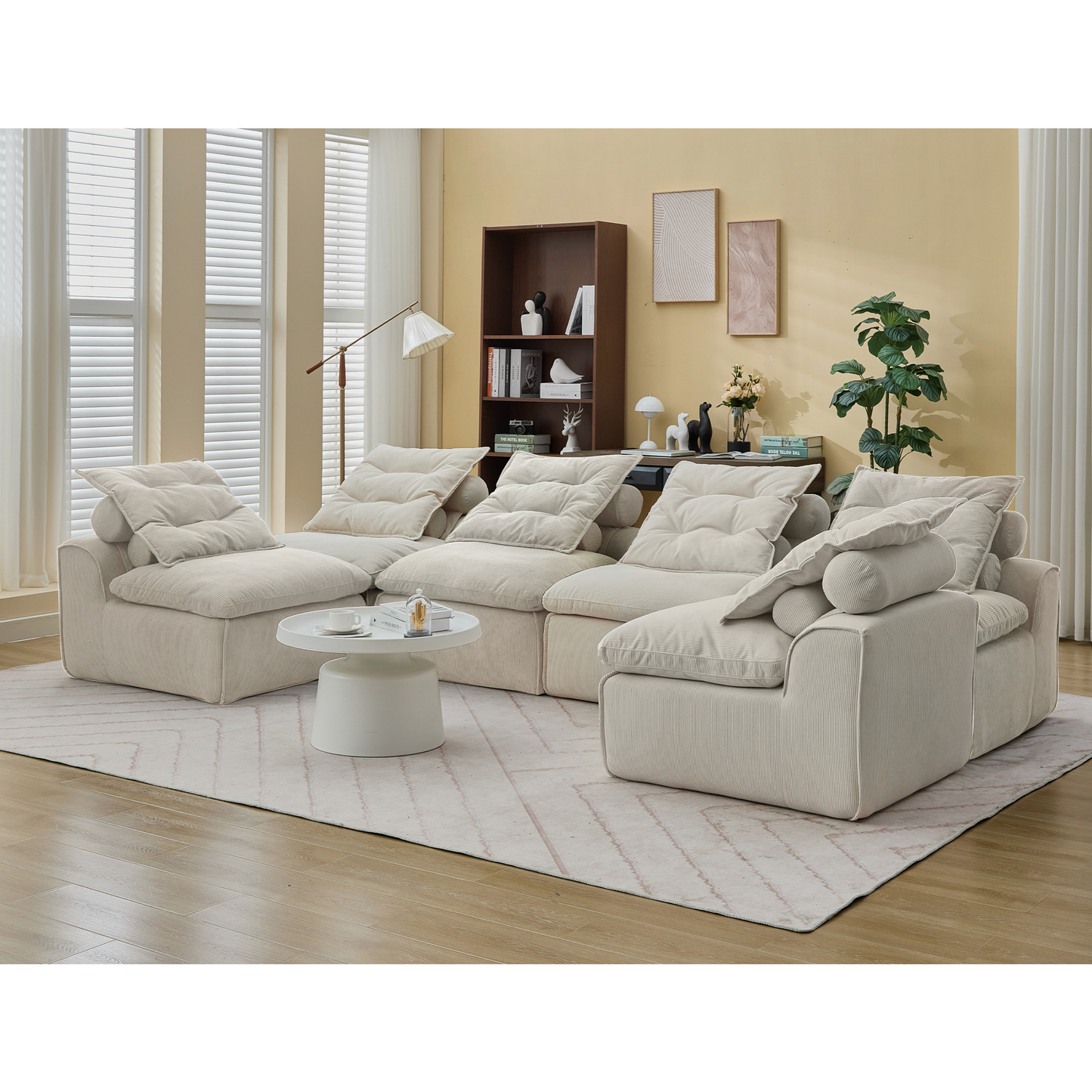 [NEW ARRIVED] [VIDEO PROVIDED]Modular Sofa,No Armrests,At will DIY,Corduroy ,Neck Pillow-Back Lounge Sofa Chair,Reading Nook, or Apartment Living, Lumbar Pillow,6 Seats,Upholstered,Beige