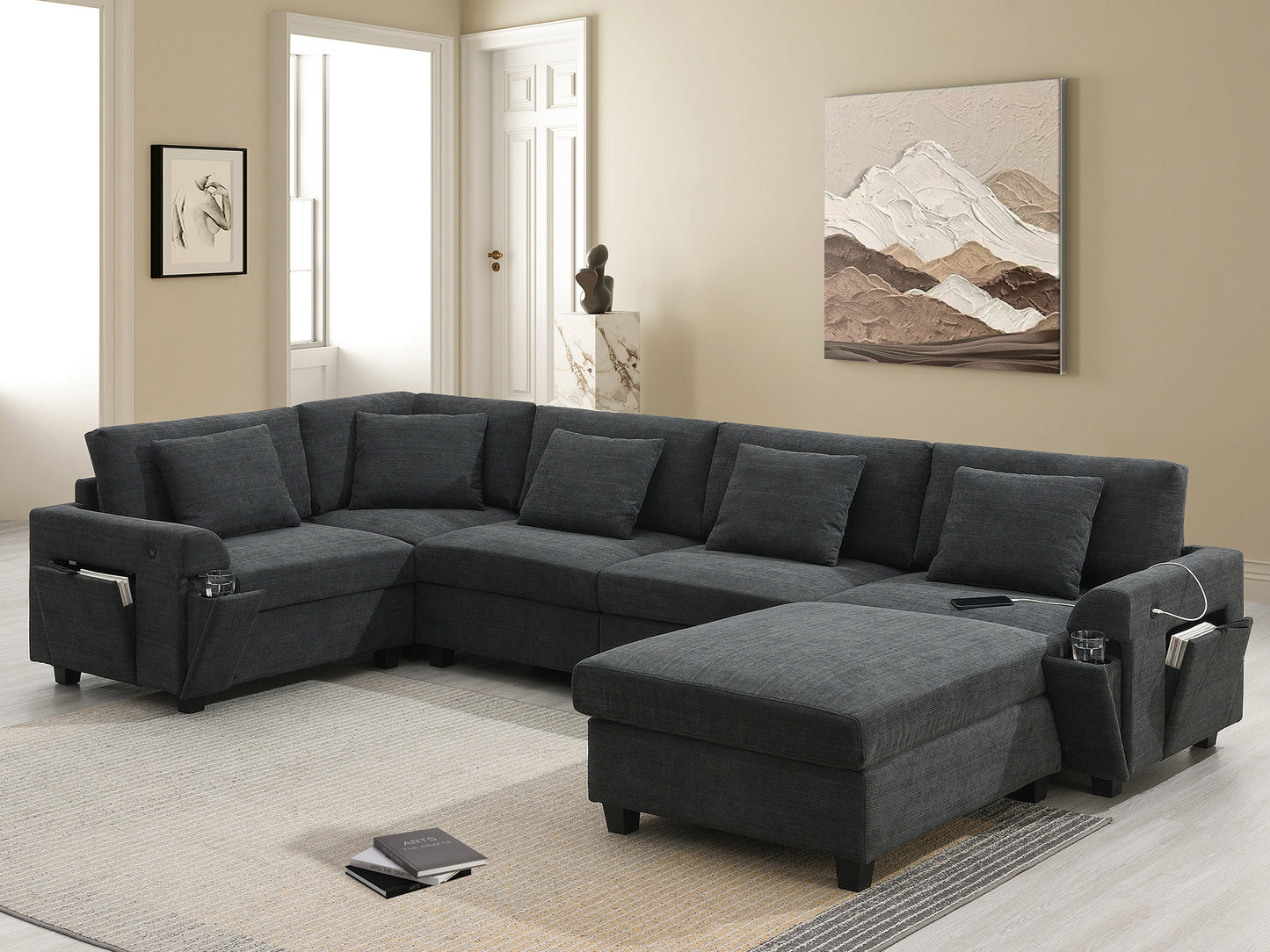 [New+Video]128*67" U Shaped Sectional Sofa,6 Seat Chenille Couch Set with Oversized Ottoman,Hidden Armrest Storage and Cup Holders,USB Charging Ports,Wide Seat Sofa for Living Room,Apartment,2 Colors