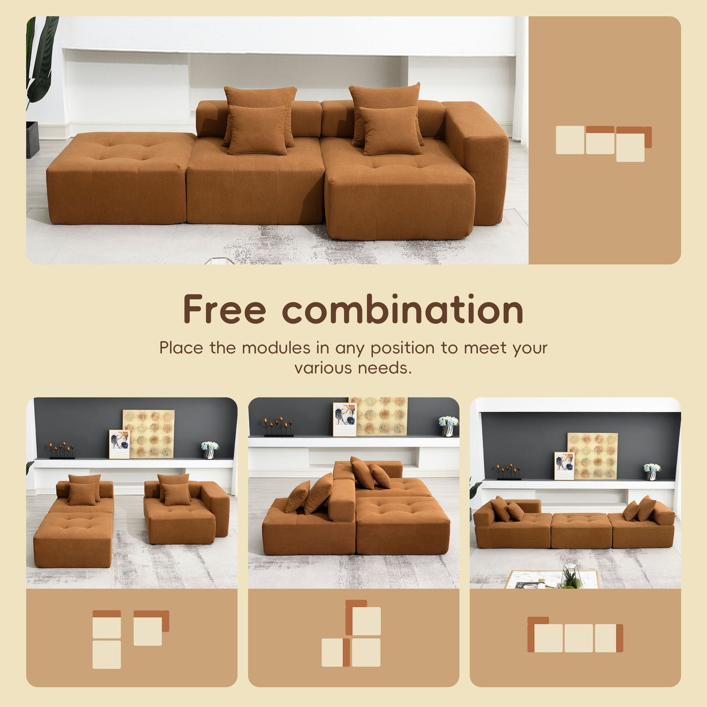 [VIDEO+New]105.5''L Shaped Modular Sectional Sofa,Minimalist Corduroy Floor Couch Set,Convertible Foam-Filled Cloud Compressed Couch for Living Room,3 PC Free Combination,No Assembly Required,3 Colors