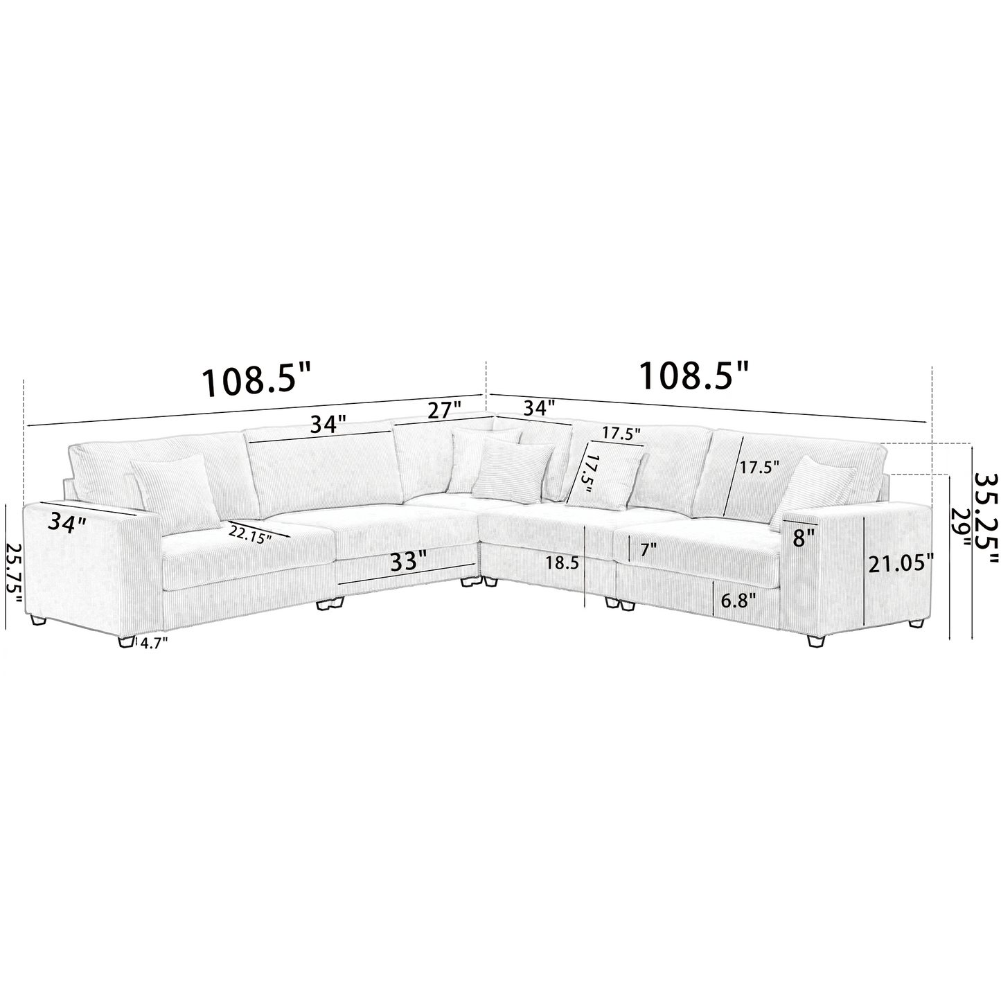 [NEW PACKAGING UPGRADE]Oversized Modular Sectional Sofa Set, L Shaped Couch,Corduroy ,Upholstered,Deep Seat,,5 Seat,5 Throw pillow and 6 back cushion,Living Room, Apartment , Gray