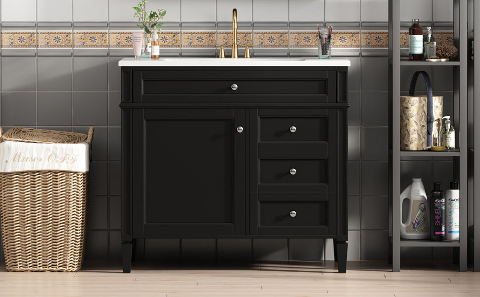 36'' Bathroom Vanity with Top Sink, Modern Bathroom Storage Cabinet with 2 Drawers and a Tip-out Drawer, Single Sink Bathroom Vanity