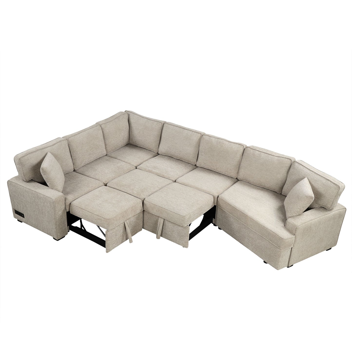 126" L-shaped Sofa Sectional Sofa Couch Pull-out Sofa Bed with Charging Devices and Cup Holders for Living Room, Beige