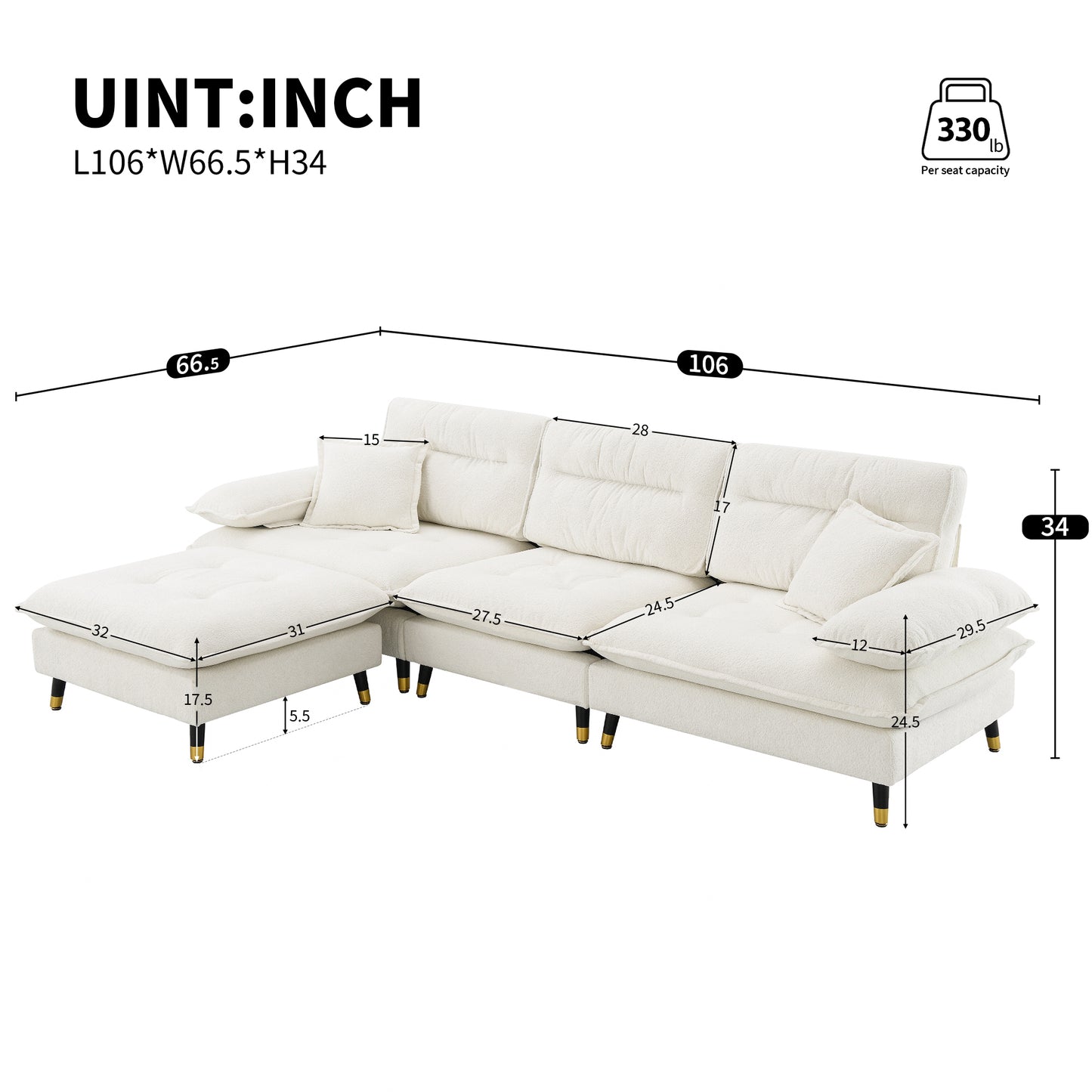 [VIDEO provided][New]106*66.5" L shaped Convertible Sectional Sofa,4 Seat Tufted Couch Set with Two-tone Adjust Legs,Cloud Chenille Fabric,Movable Ottoman for Living Room,  Apartment,Office,3 Colors