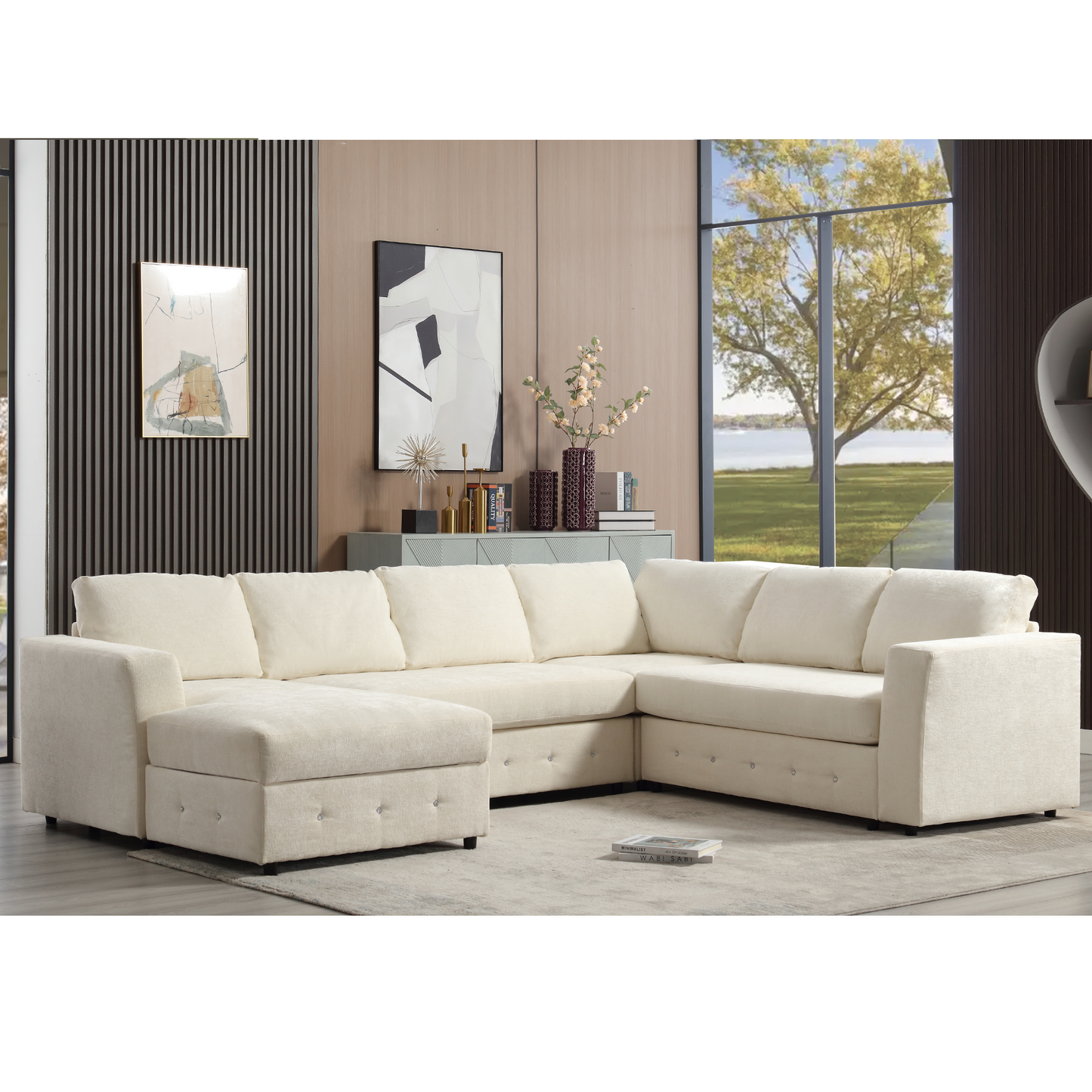 [NEW ARRIVED] [VIDEO PROVIDED]110.75" Sectional Sofa,Oversized modular sofa,Chaise Storage, Modern U Shaped  Couch , Upholstered Sofas,Chenille,Crystal button , Living Room, Apartment,  Beige