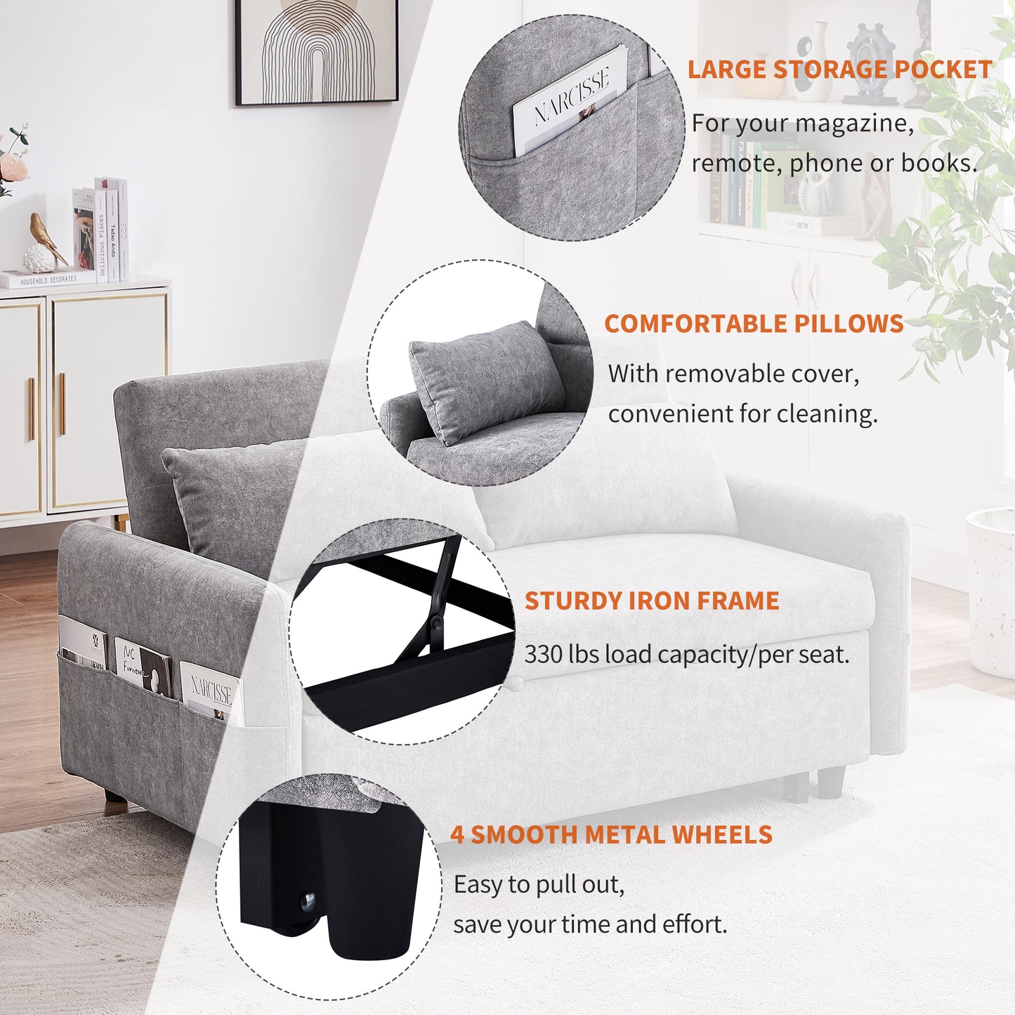 55.1" Pull Out Sleep Sofa Bed Loveseats Sofa Couch with Adjsutable Backrest, Storage Pockets, 2 Soft Pillows, USB Ports for Living Room, Bedroom, Apartment, Office,Grey (Old SKU:WF315689AAE)