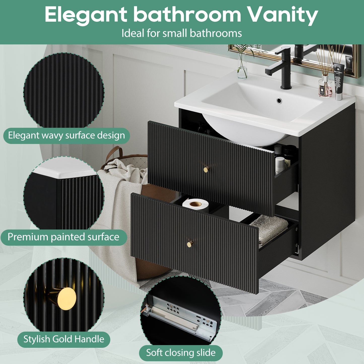 24-Inch Wall Mounted Bathroom Vanity with 2 Drawers - Ideal for Small Bathrooms