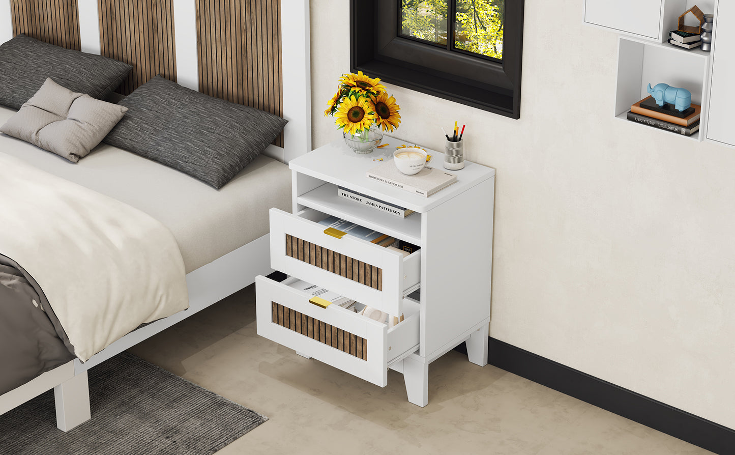 2-Drawer Farmhouse Wooden Nightstand with Wooden Strip Decoration and Metal Handle, Wood Side Table with Storage Cabinet for Bedroom, White