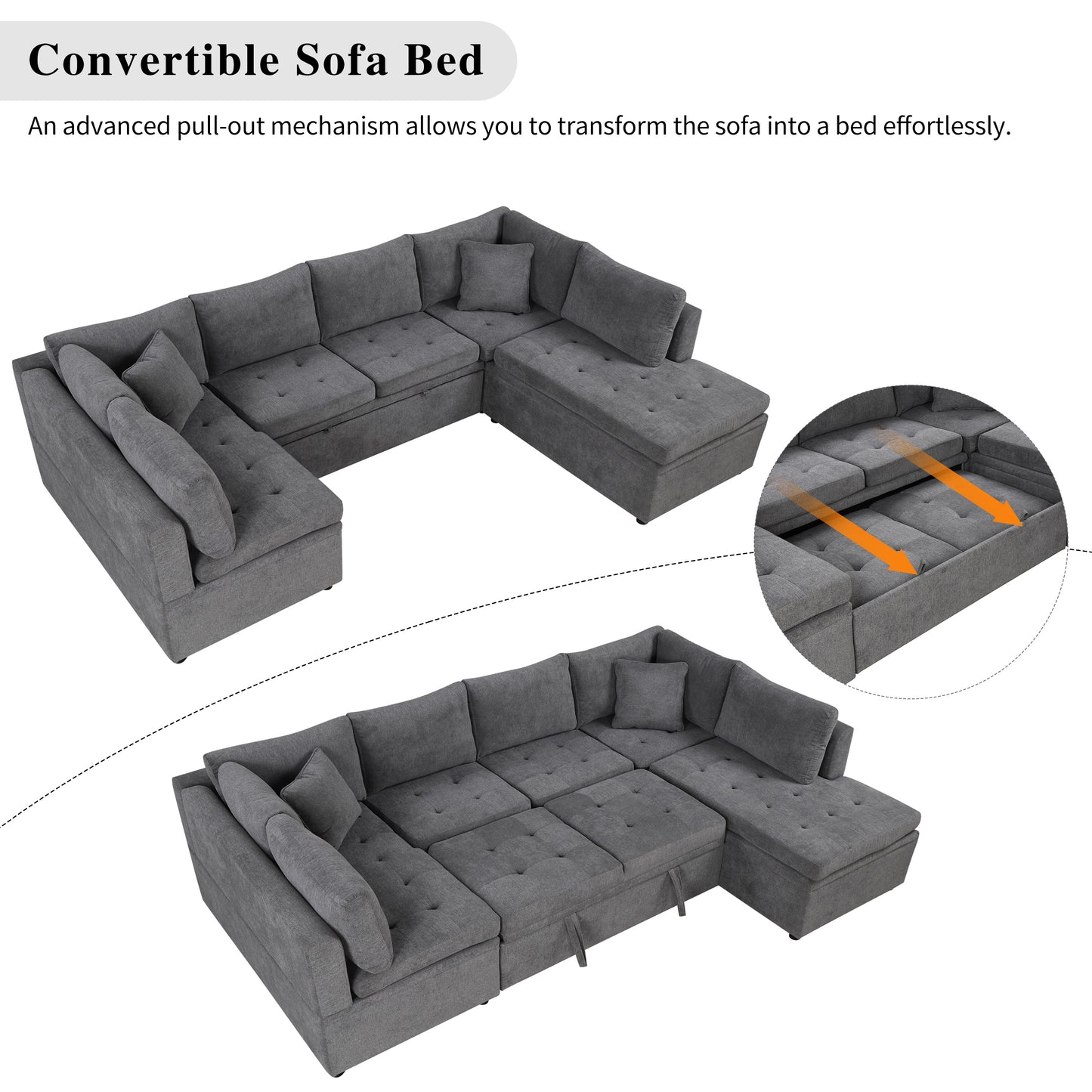 117.3" Oversized Sectional Sofa U- shaped Sofa Couch Pull-out Sofa Bed with Two Throw Pillows for Living Room, Gray