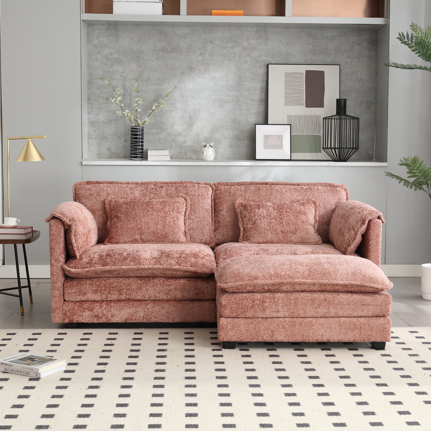 UNITED WE WIN Chenille fabric, removable armrests with side pockets, high density sponge filling, oversized double sofa with footstool