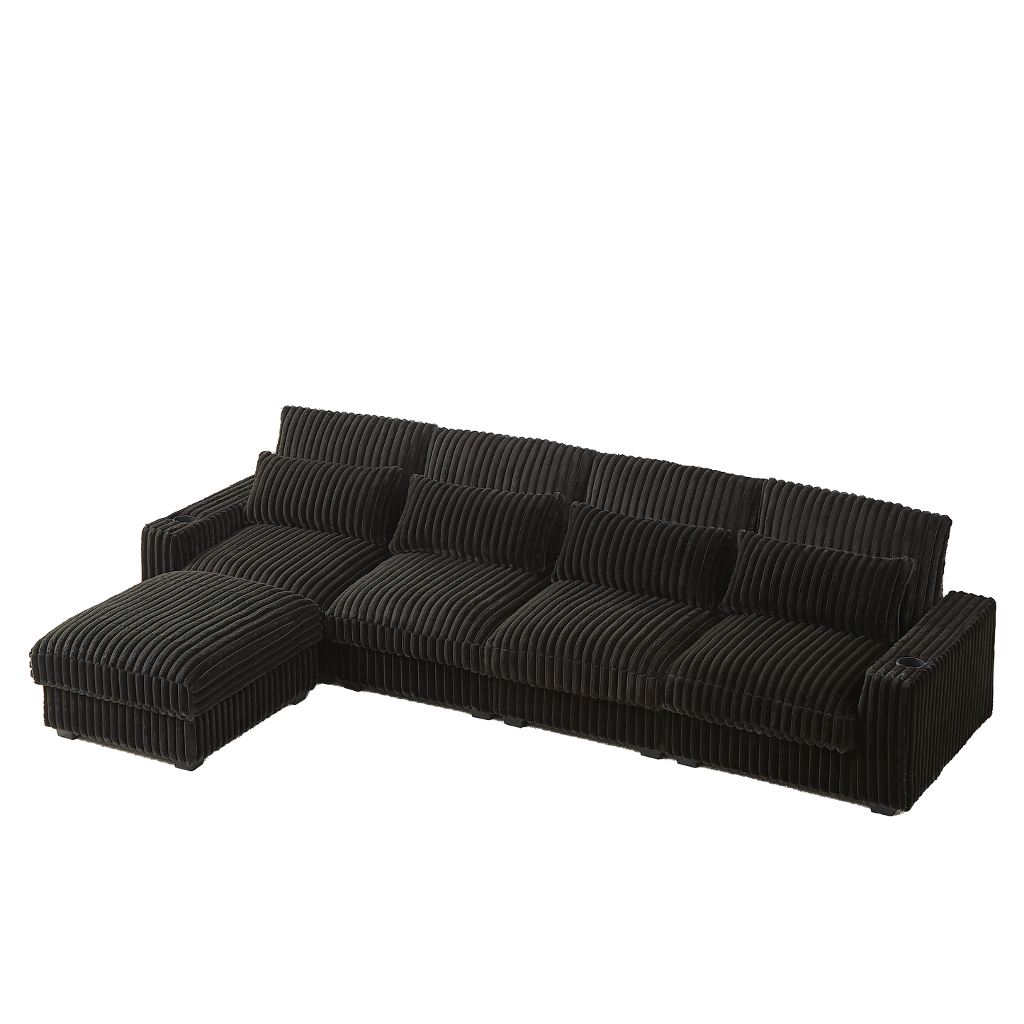 126-inch Corduroy With Cup Holder Super Large L-Shaped Sofa, Movable Footrest, Four Waist Pillows And Four Back Cushion, With USB Port And Type-C Port