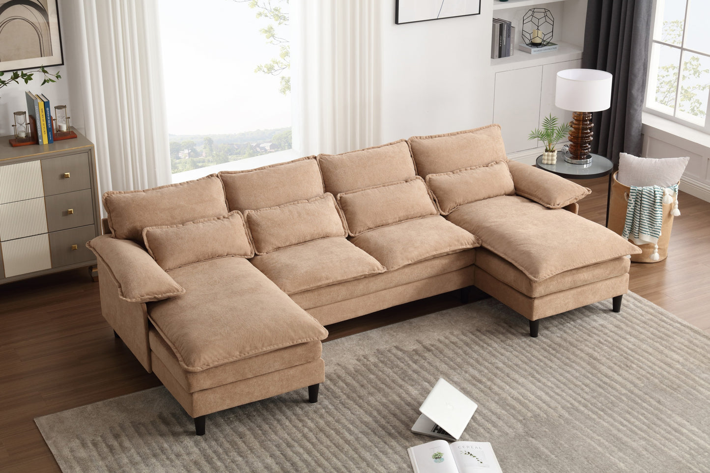 [VIDEO PROVIDED]U Shaped Modular Sectional Sofa Couch, corner sofa with 4pcs waist pillows, Chaise Lounge, terrycloth fabric sofa,Upholstered 4 Seater Couch for Living Room,BROWN