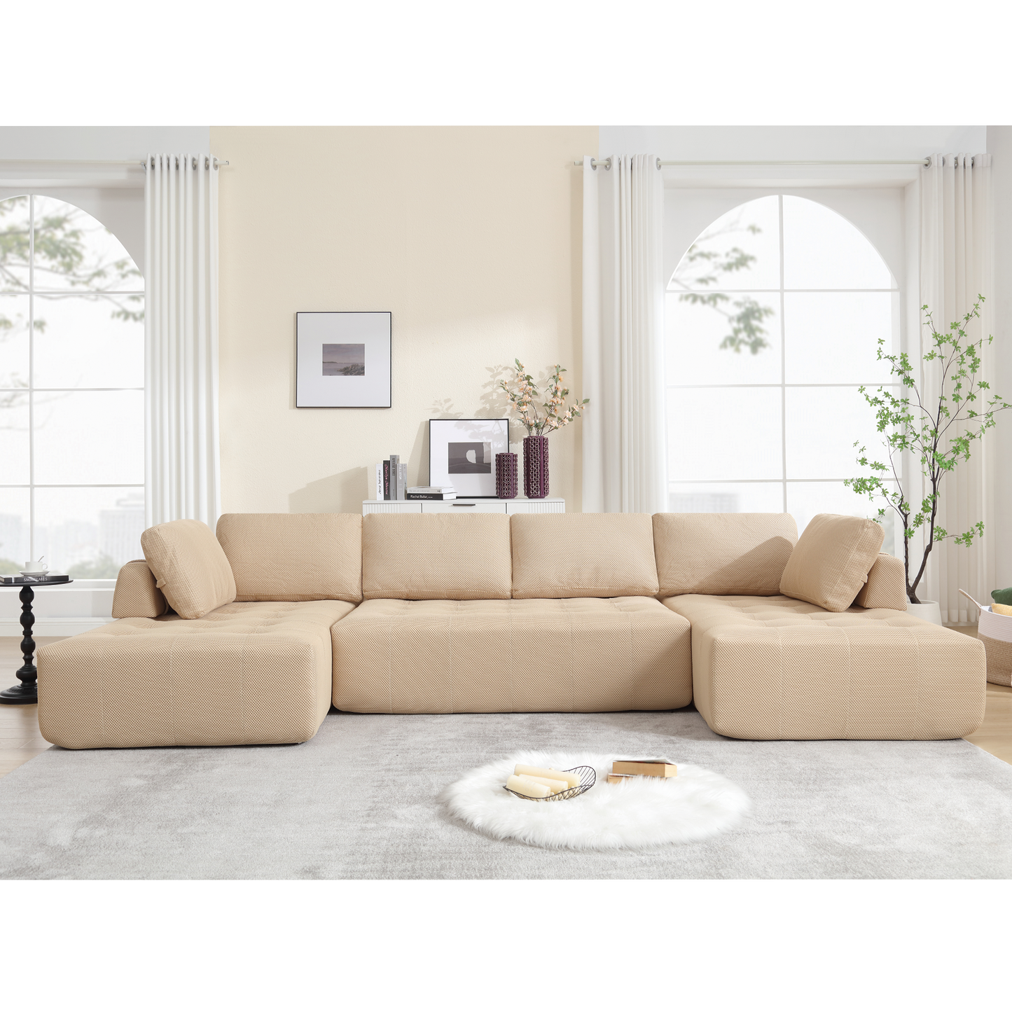 [NEW ARRIVED] [VIDEO PROVIDED]138.5 "Modular Combination Sofa, U-shaped Sofa, Living Room, Apartment, Upholstered ,6-seat Sofa, Free Combination Sofa (Mesh Fabric), Breathable Fabric, Khaki