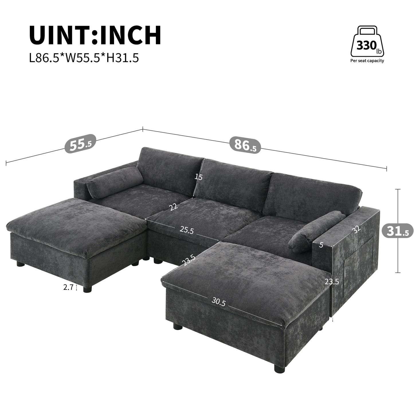 [VIDEO provided][New]86.5''Chenille Sectional Sofa with Storage Pockets, 5 Seat U Shaped Sleeper Couch Set,2 PIC Free Combination,Convertible Sofa Bed with Ottoman for Living Room,Apartment,3 Colors