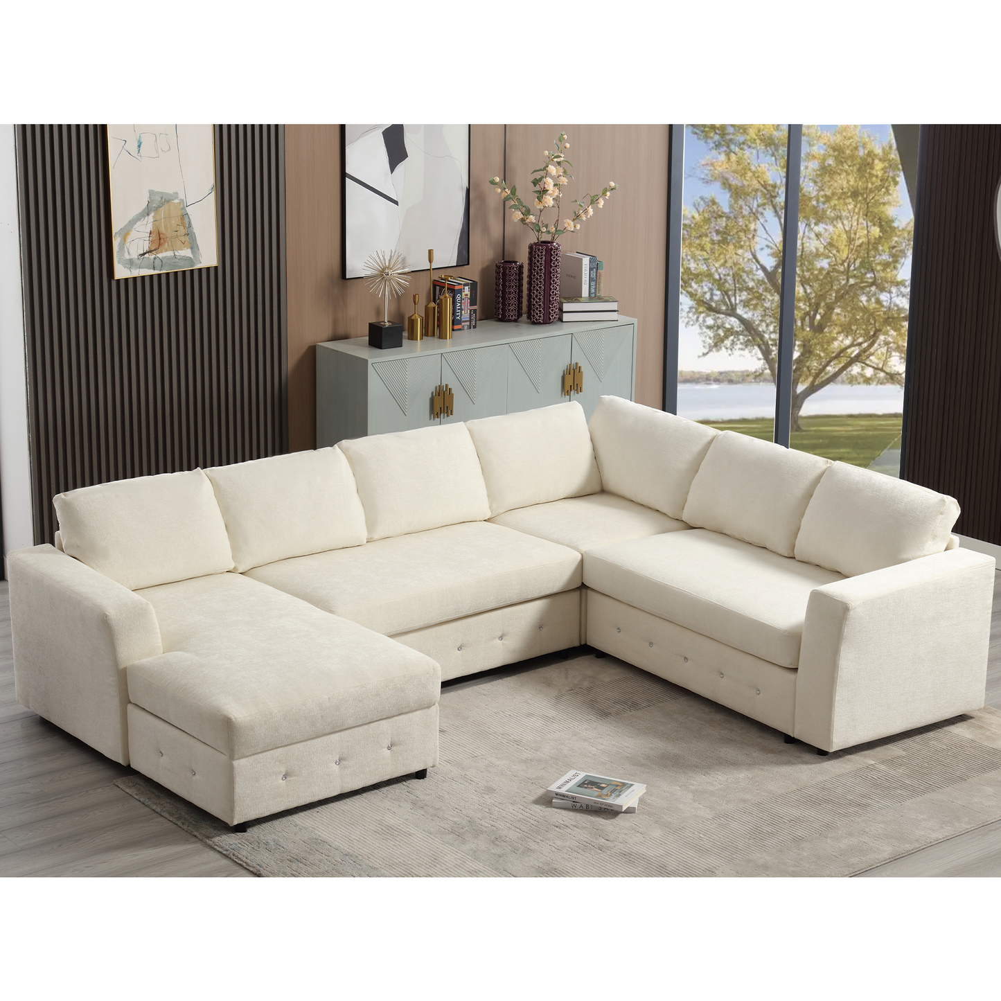 [NEW ARRIVED] [VIDEO PROVIDED]110.75" Sectional Sofa,Oversized modular sofa,Chaise Storage, Modern U Shaped  Couch , Upholstered Sofas,Chenille,Crystal button , Living Room, Apartment,  Beige