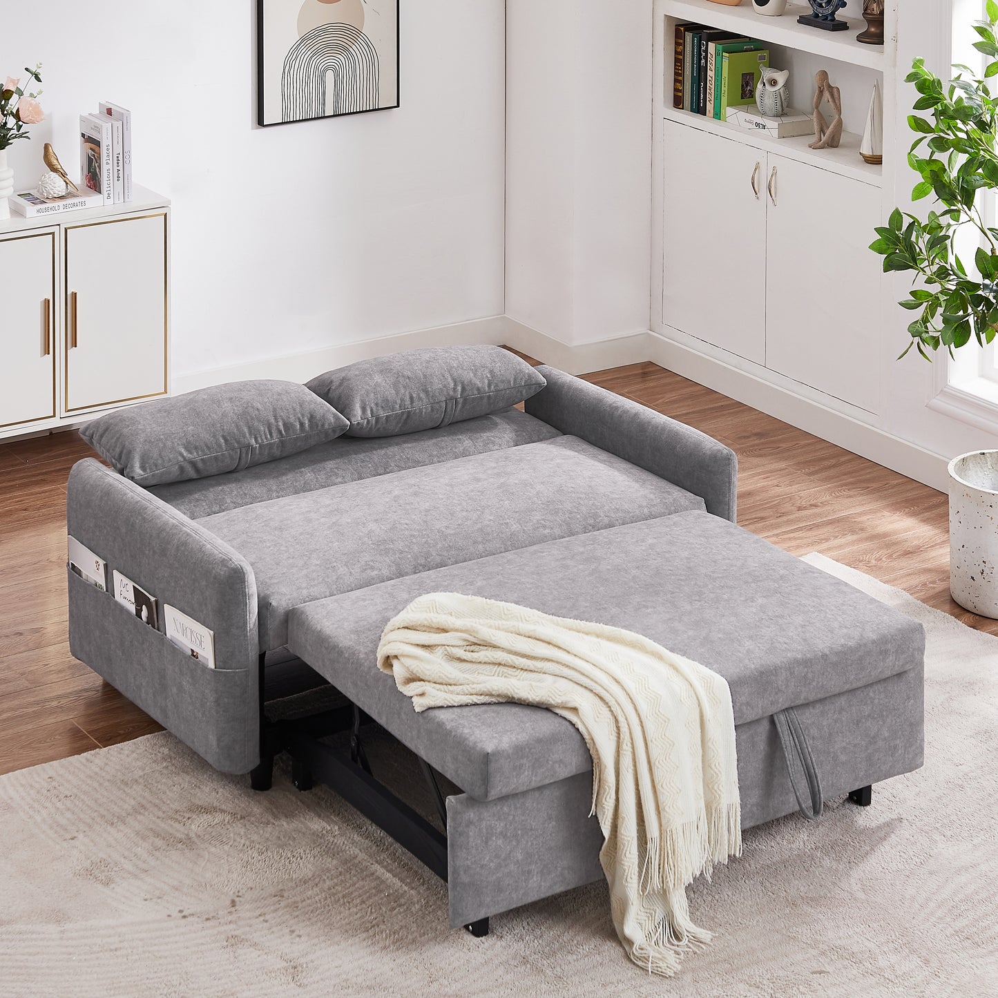 55.1" Pull Out Sleep Sofa Bed Loveseats Sofa Couch with Adjsutable Backrest, Storage Pockets, 2 Soft Pillows, USB Ports for Living Room, Bedroom, Apartment, Office,Grey (Old SKU:WF315689AAE)