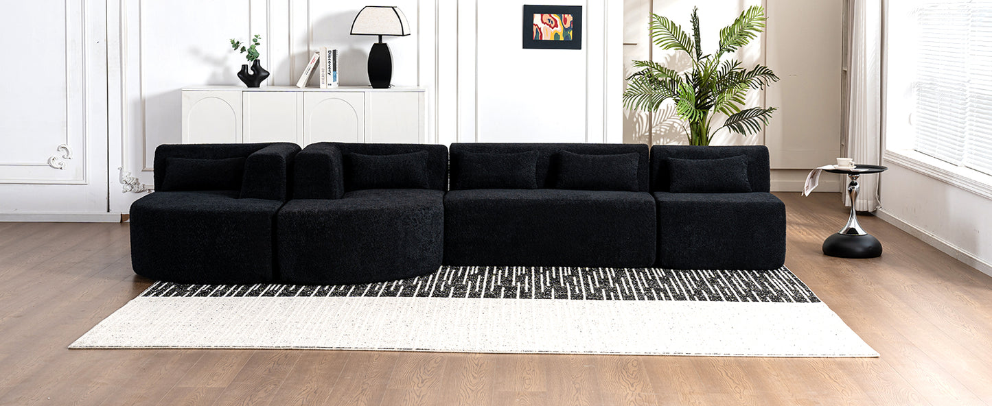 143.7" Upholstered Sofa Free-combined Sofa Couch with Two Chaise Lounge and Five Back Pillows for Living Room, Black