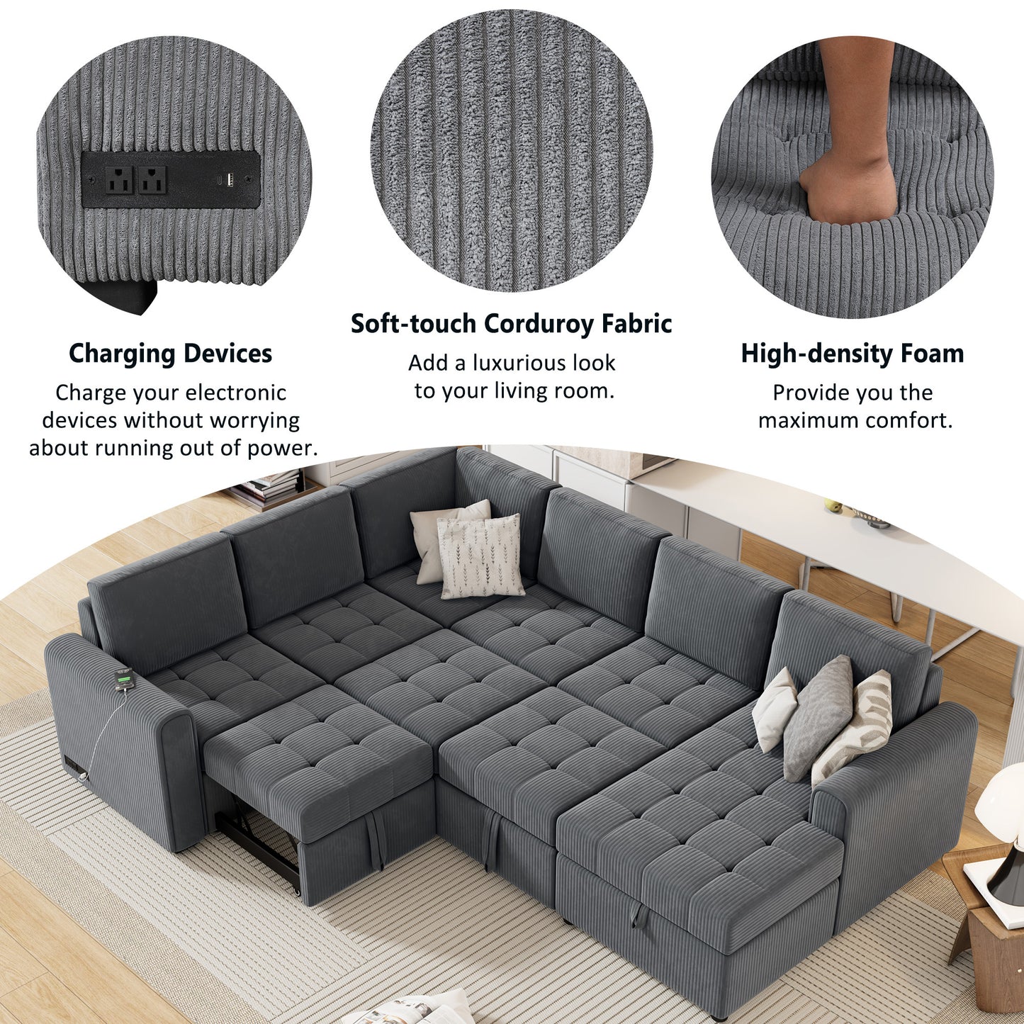 107.5" U-shaped Sofa Sectional Sofa Pull-out Sofa bed with a Storage Chaise Lounge, Charging Devices for Living Room, Gray