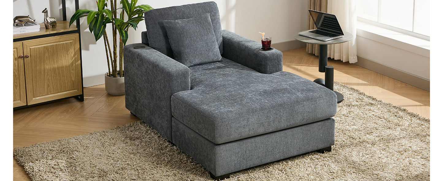 39.7" Oversized Chaise Lounger Modern Style Sofa Couch ,with Pillows, Charge Station & Cup Holders, Chenille Fabric, Blue Gray