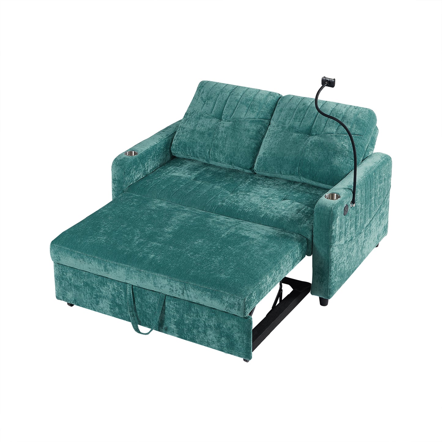 53.9" Modern Loveseat Pull-out Sofa Bed with Adjustable Backrest, Two Cup Holders , a Phone Holder, Three Charging Ports and Side Storage Pockets for Living Room, Teal