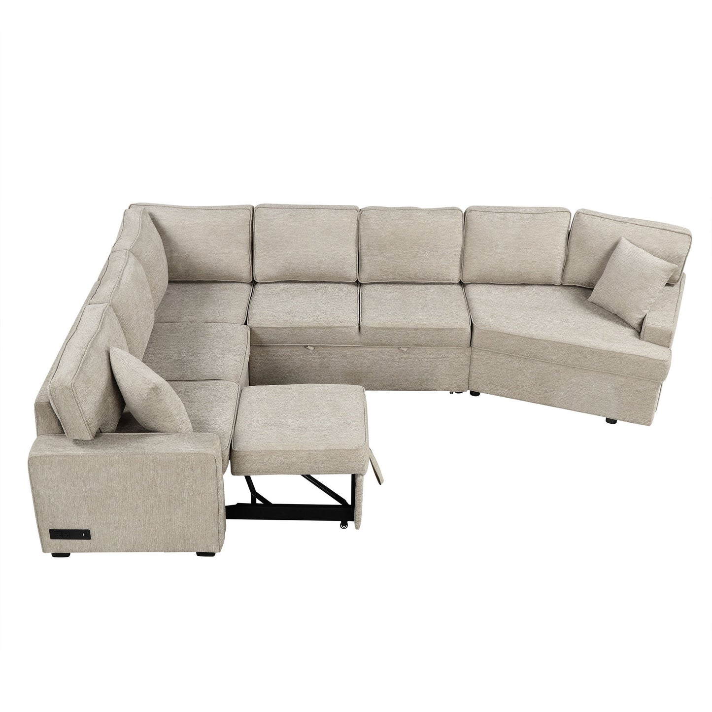 126" L-shaped Sofa Sectional Sofa Couch Pull-out Sofa Bed with Charging Devices and Cup Holders for Living Room, Beige