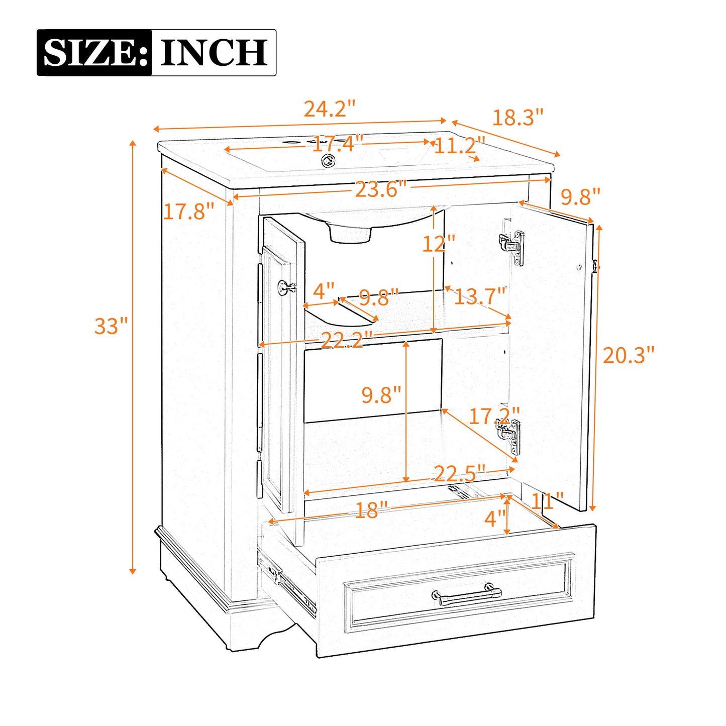 24'' Bathroom Vanity with Ceramic Sink Combo, Modern Freestanding Storage Cabinet  with Silver Handles,  Soft Closing Doors