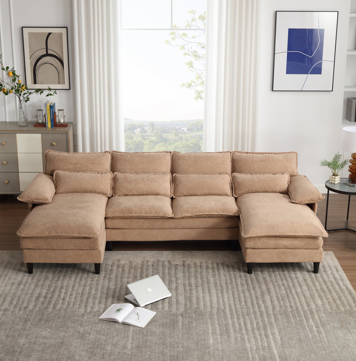 [VIDEO PROVIDED]U Shaped Modular Sectional Sofa Couch, corner sofa with 4pcs waist pillows, Chaise Lounge, terrycloth fabric sofa,Upholstered 4 Seater Couch for Living Room,BROWN