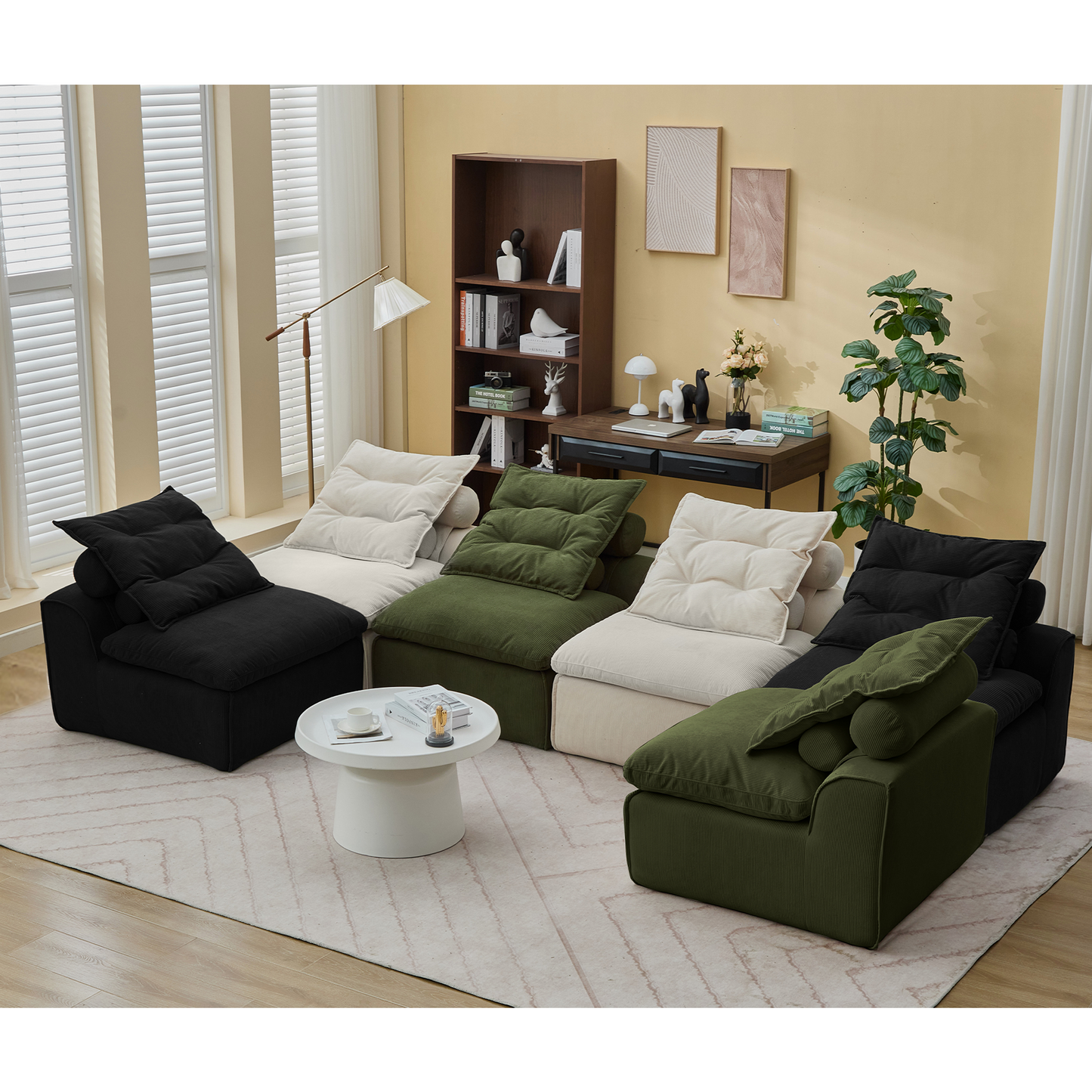 [NEW ARRIVED] [VIDEO PROVIDED]Modular Sofa,No Armrests,At will DIY,Corduroy ,Neck Pillow-Back Lounge Sofa Chair,Reading Nook, or Apartment Living, Lumbar Pillow,6 Seats,Upholstered,Beige,Green ,Black